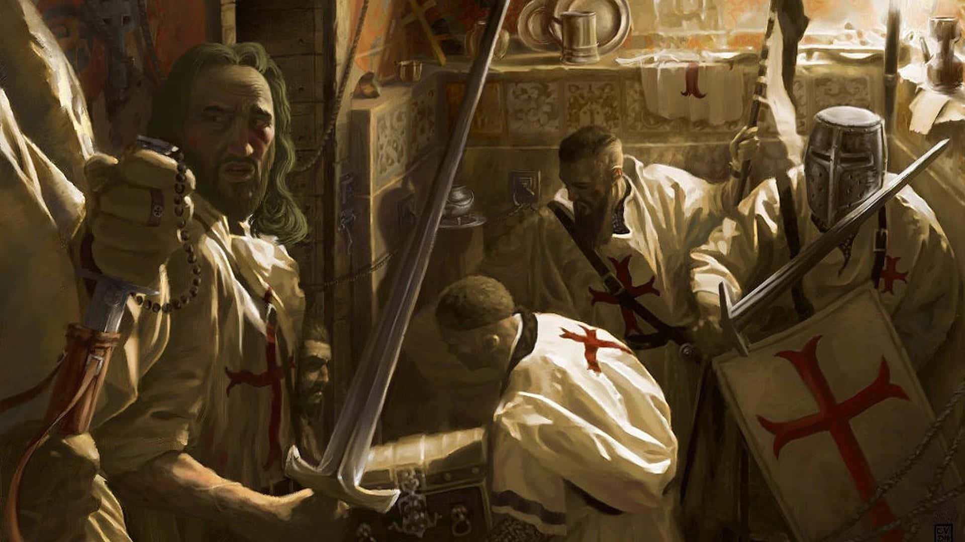 Crusader 桌布 壁紙 — 一群身穿白色長袍、帶有紅色十字架的中世紀騎士在昏暗的石室中準備戰鬥。