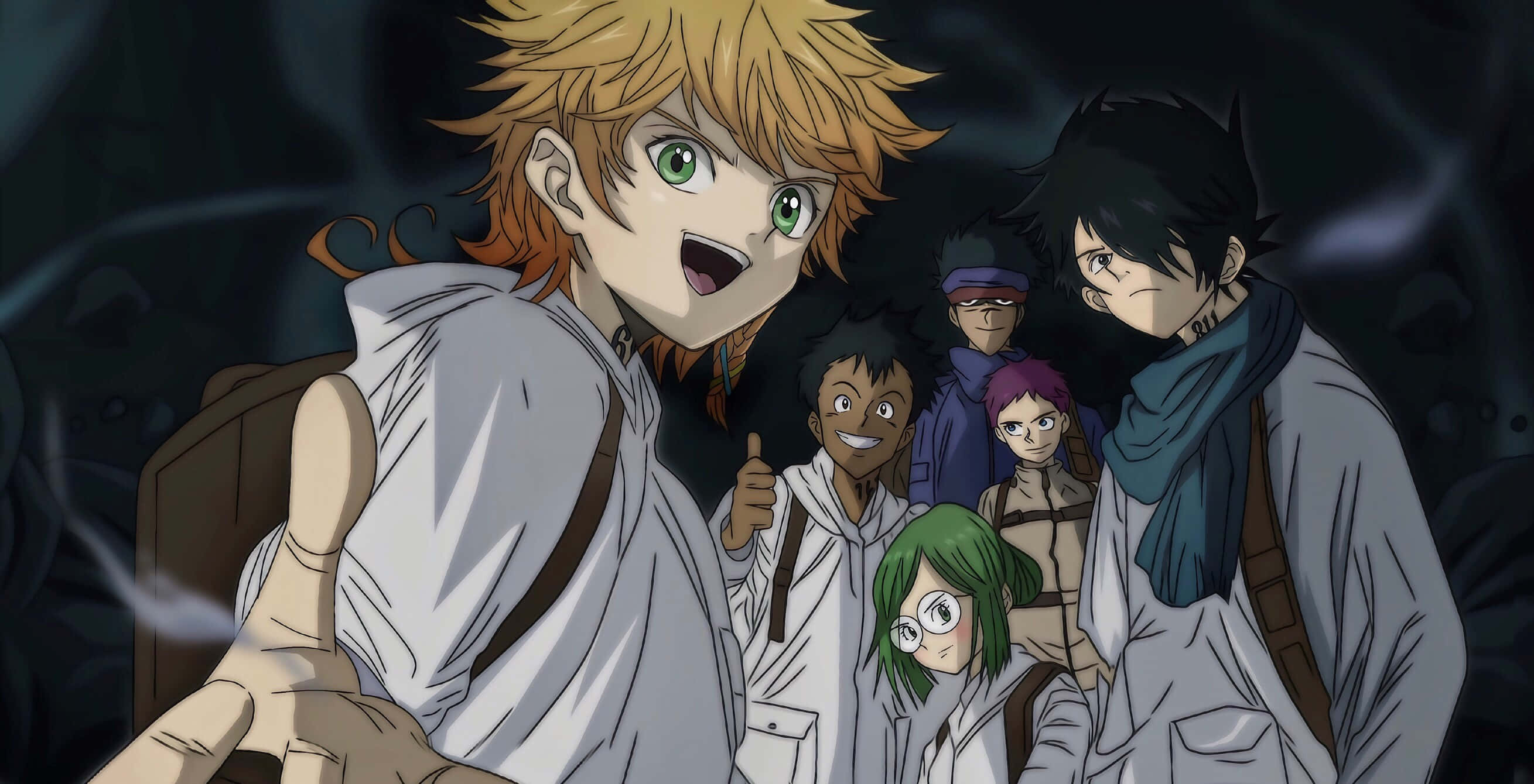 Promised Neverland 桌布 壁紙 — 一群身穿白色長袍的動漫角色站在一個黑暗的洞穴中，周圍有發光的藍色能量旋轉。