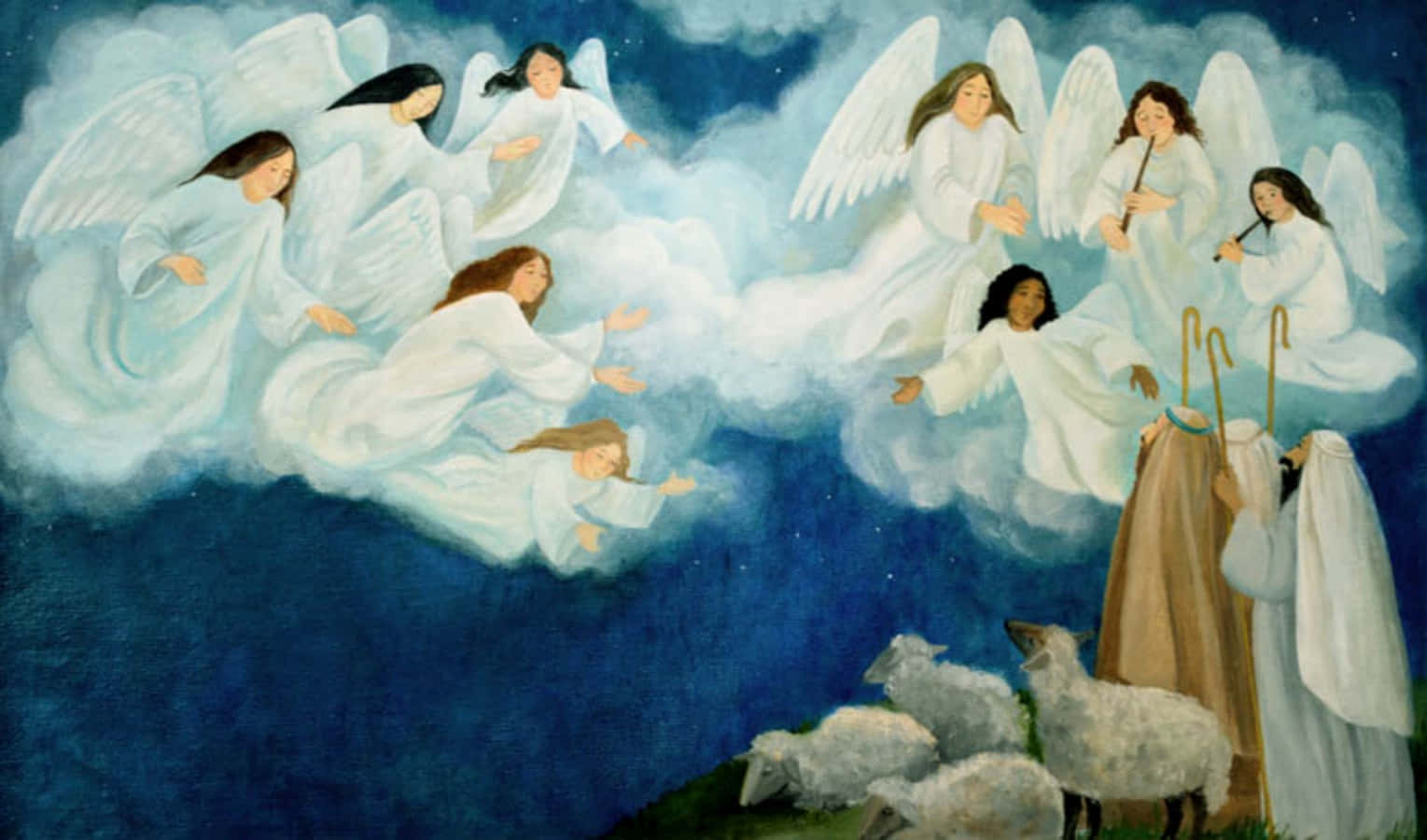 Angels Of God 桌布 壁紙 — 一群身穿白袍和翅膀的天使漂浮在雲端之上，而一位帶著羊群的牧羊人在繁星點點的夜空下敬畏地仰望。