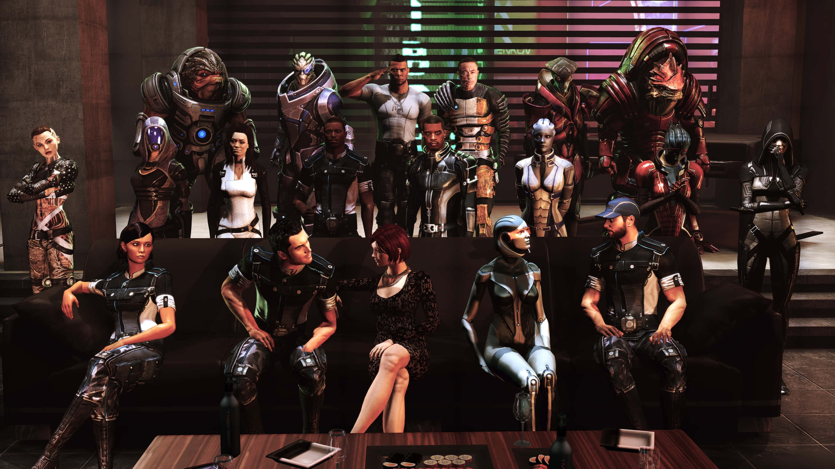 Mass Effect Characters 桌布 壁紙 — 一群身穿盔甲和戰術裝備的多元未來角色，在燈光昏暗的高科技休息室中一起擺姿勢。
