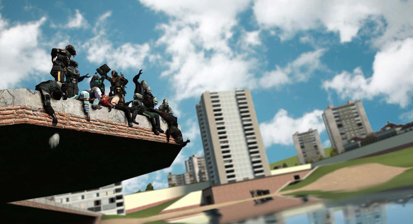 Gaming Mods 桌布 壁紙 — 一群身穿盔甲的人物棲息在屋頂邊緣，背景是高聳的城市建築物和帶有 fluffy 雲朵的明亮藍天。