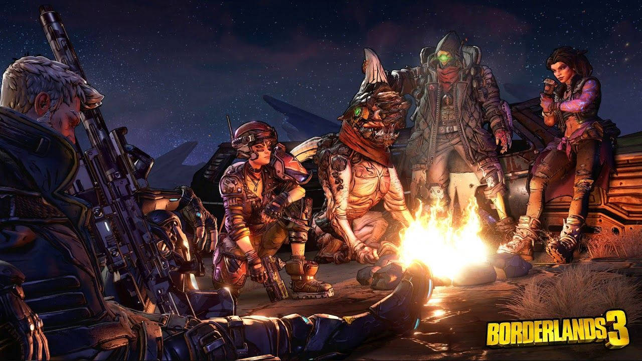 Borderlands 桌布 壁紙 — 一群身穿盔甲的傭兵在沙漠荒地中，星空下圍著營火聚集。