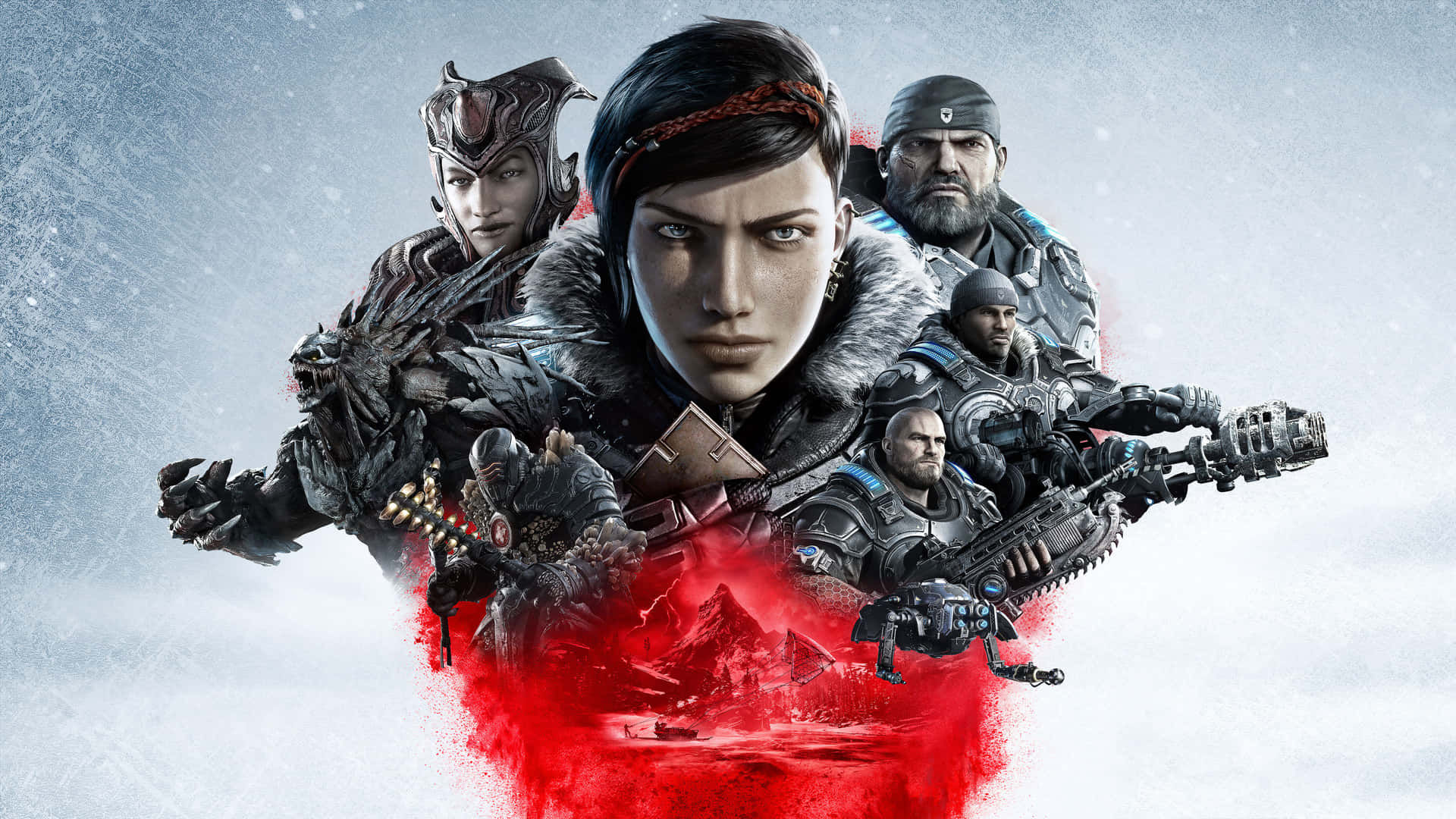 電玩遊戲 桌布 壁紙 — 一群身穿盔甲的士兵手持武器，站在雪地背景下，他們的身影從下方鮮豔的紅色飛濺中浮現。