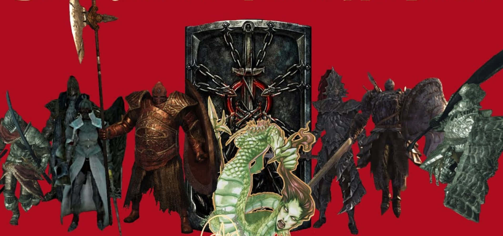 Dark Souls Bosses 桌布 壁紙 — 一群身穿盔甲的戰士和一隻綠龍站在一個被鎖鏈束縛的盾牌前，背景是鮮豔的紅色。