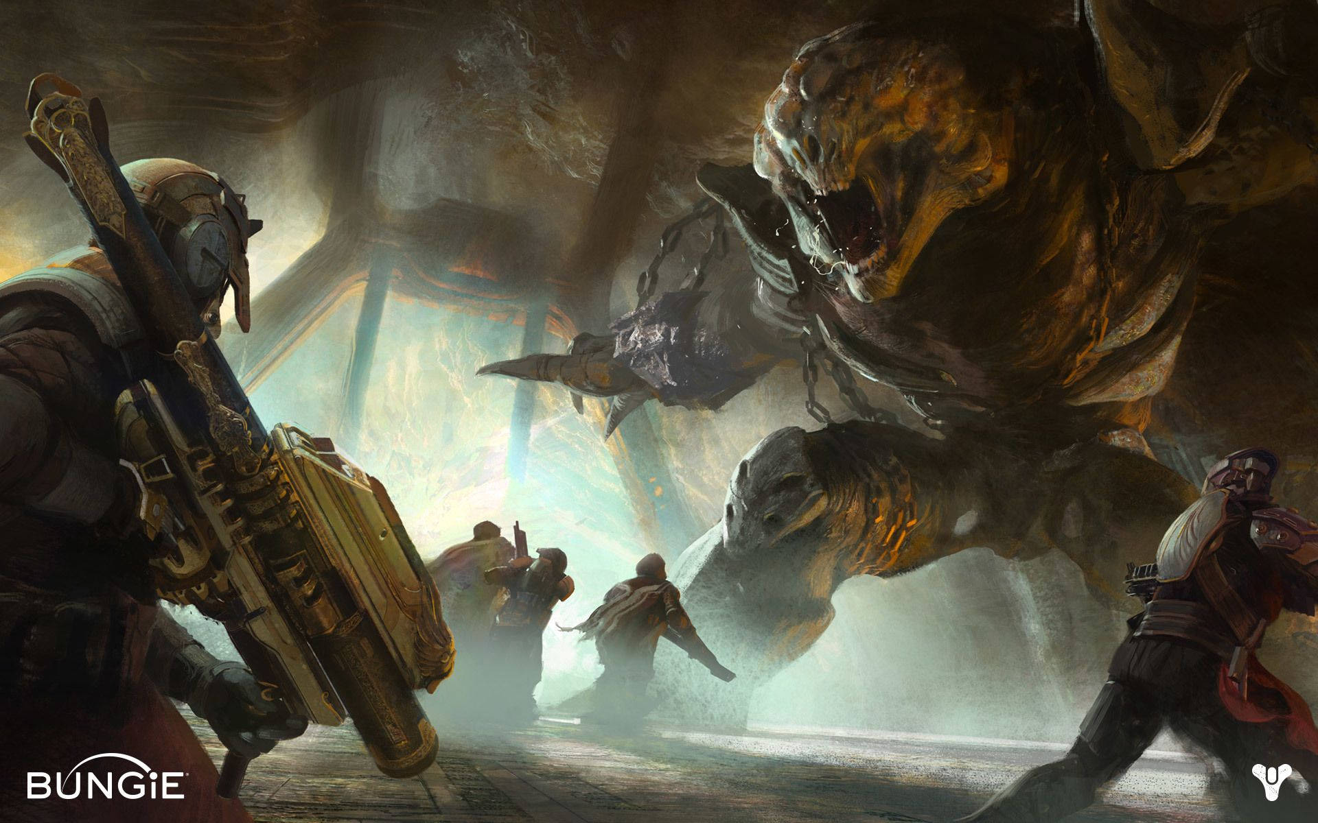 destiny 2 shadowkeep 桌布 壁紙 — 一群身穿盔甲的戰士在光線昏暗的洞穴大廳中面對一頭巨大的咆哮野獸。