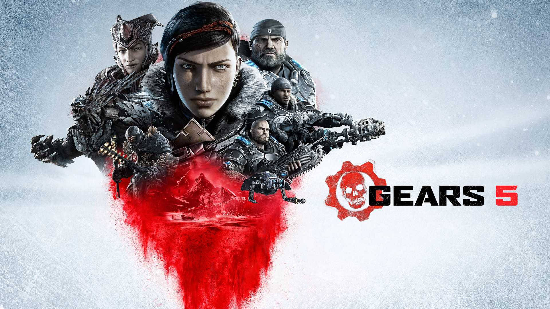 Gears 5 桌布 壁紙 — 一群身穿盔甲的戰士在雪地中，下方有紅色血跡般的飛濺。