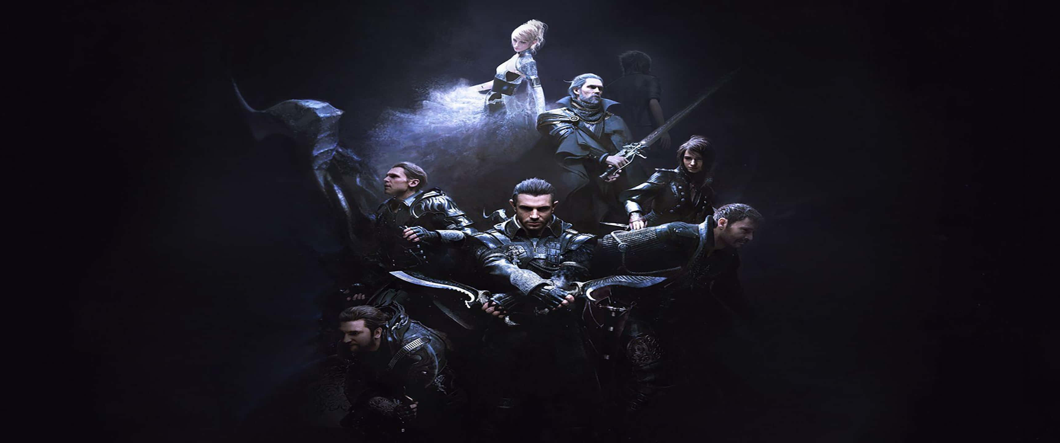 3440x1440p Final Fantasy Xv 桌布 壁紙 — 一群身穿盔甲的戰士手持劍，站在黑暗、煙霧瀰漫的環境中，被戲劇性的燈光照亮。