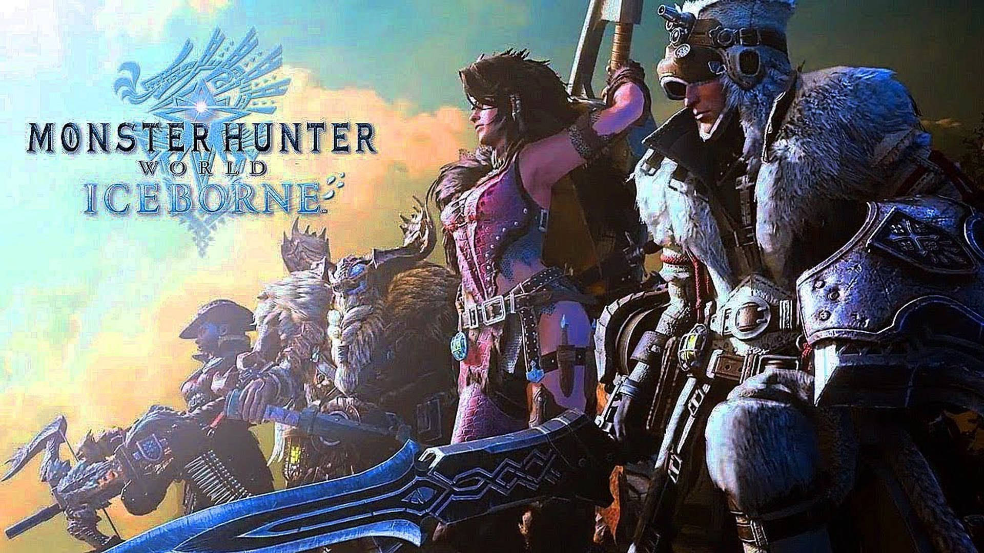 遊戲 桌布 壁紙 — 一群身穿盔甲的獵人手持巨型武器，在《Monster Hunter World Iceborne》中準備好面對發光的天空。