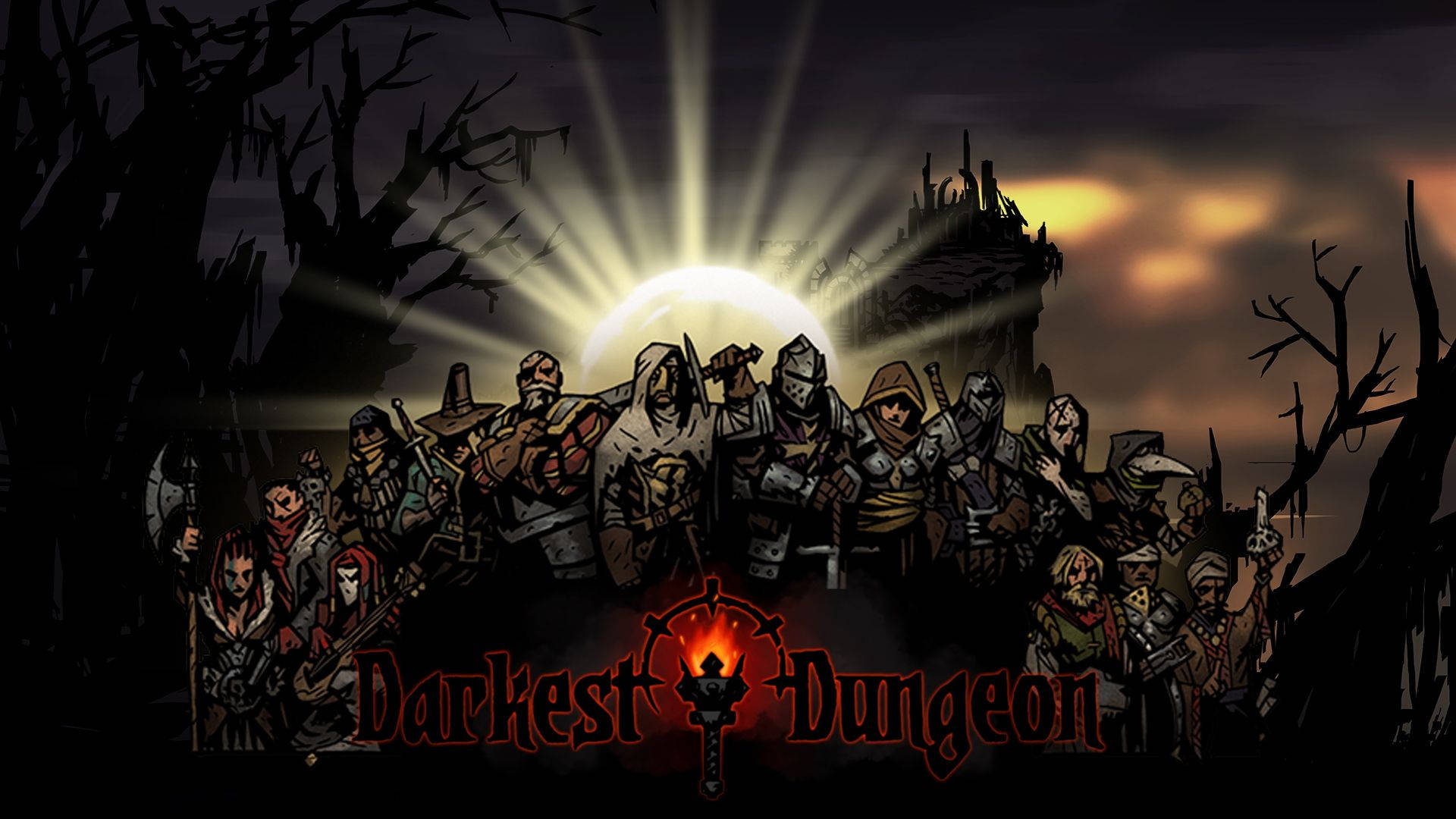 Dungeon 桌布 壁紙 — 一群身穿盔甲的陰沉冒險者站在發光的月亮前，身處鬧鬼的森林，遠處有城堡。