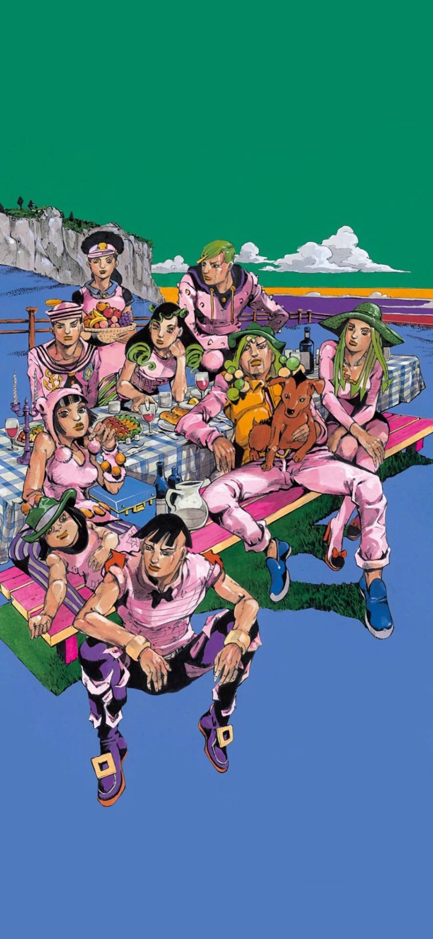 Jojo 桌布 壁紙 — 一群身穿粉紅色服裝的活力動漫角色，在懸崖邊的海邊享受野餐，天空呈現明亮的綠色。