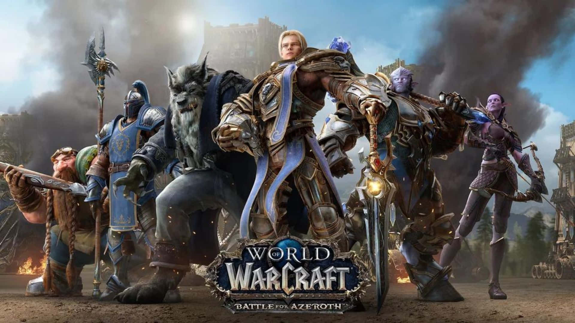 World Of Warcraft Races 桌布 壁紙 — 一群身穿精細盔甲的奇幻戰士，在煙霧繚繞的背景中，遠方有城堡，準備戰鬥。