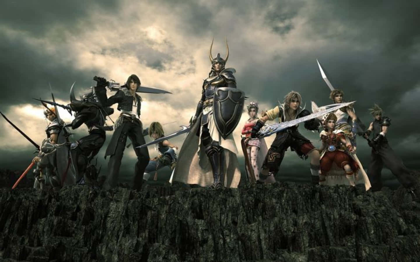 Final Fantasy Characters 桌布 壁紙 — 一群身穿精細盔甲的奇幻戰士，站在鋸齒狀的懸崖上，背景是雷電交加的暴風雨天空。