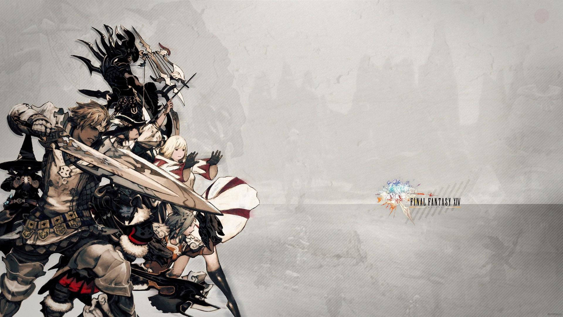 Ffxiv 桌布 壁紙 — 一群身穿精細盔甲的奇幻戰士在柔和的灰色紋理背景上揮劍激戰。