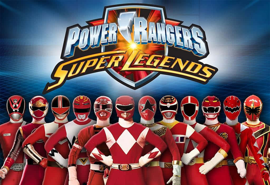 金剛戰士 桌布 壁紙 — 一群身穿紅色及其他顏色戰衣的Power Rangers，在藍色漸變背景上，於「Power Rangers Super Legends」標誌下英勇站立。