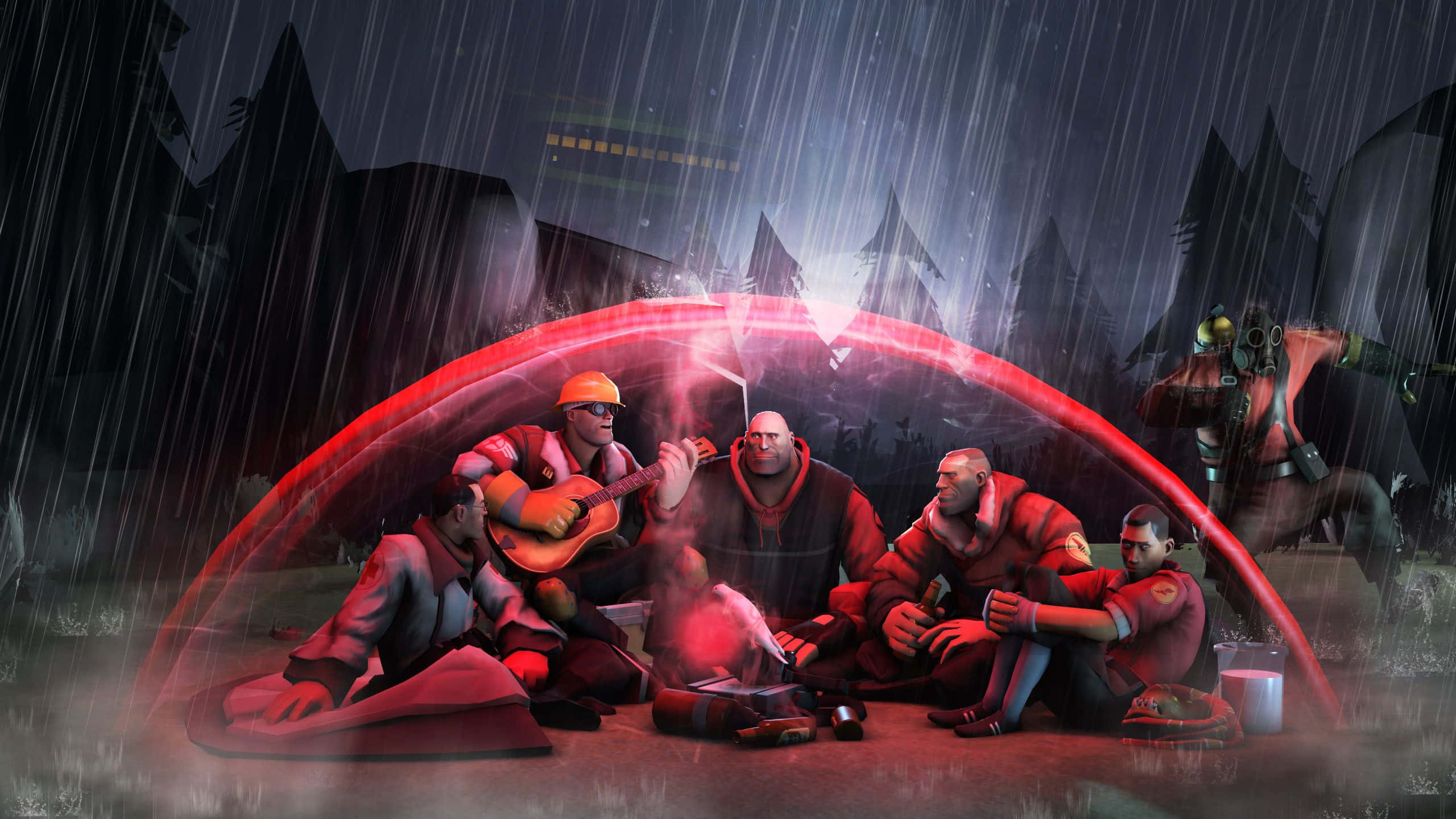Tf2 Medic 桌布 壁紙 — 一群身穿紅色衣服的角色在發光的紅色圓頂下擠在一起，在雨夜的森林裡彈吉他和喝酒。