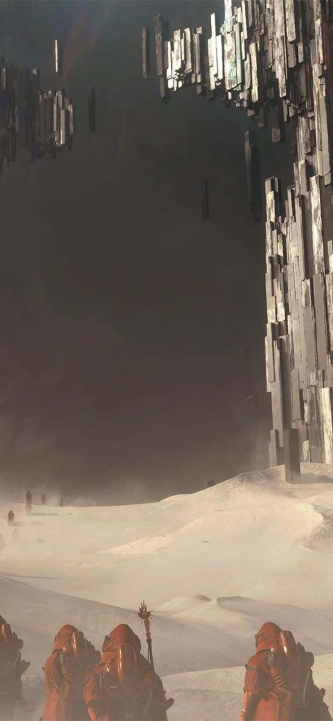 iPhone Xs Death Stranding 桌布 壁紙 — 一群身穿紅色裝備的裝甲人物，在白雪皚皚的外星景觀中穿越，下方是高聳的晶體結構。