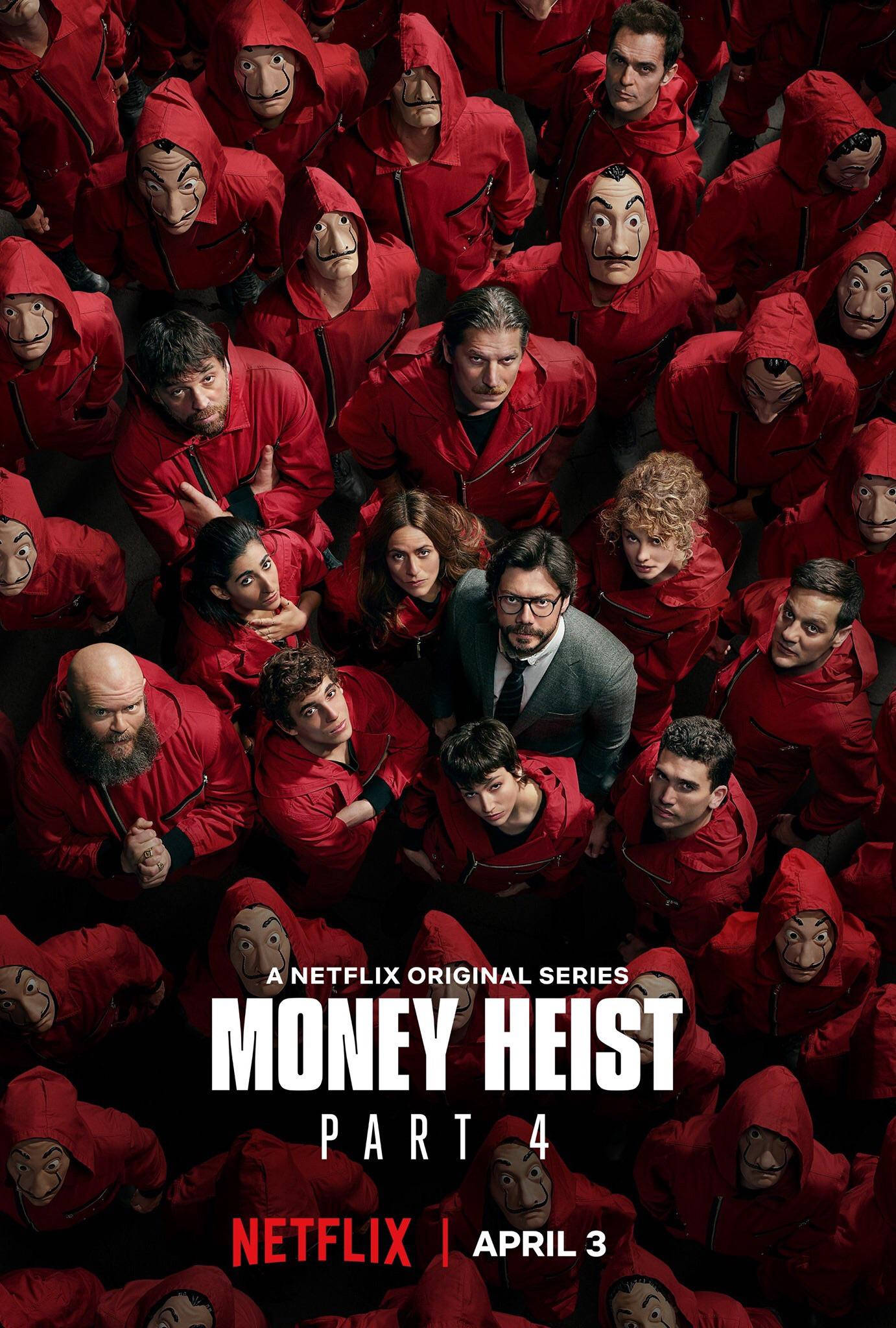 Netflix 桌布 壁紙 — 一群身穿紅色連身衣、戴著達利面具的人群從高角度向上凝視，包圍著幾個未戴面具的人，場面緊張。