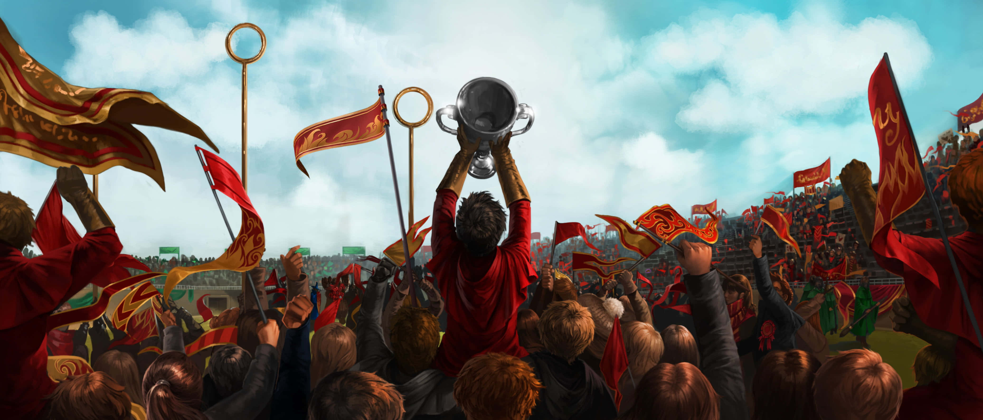 The Hogwarts Quidditch Team 桌布 壁紙 — 一群身穿紅袍的勝利人群歡呼，中央人物在明亮多雲的天空下將閃閃發光的銀杯高舉過頭頂。