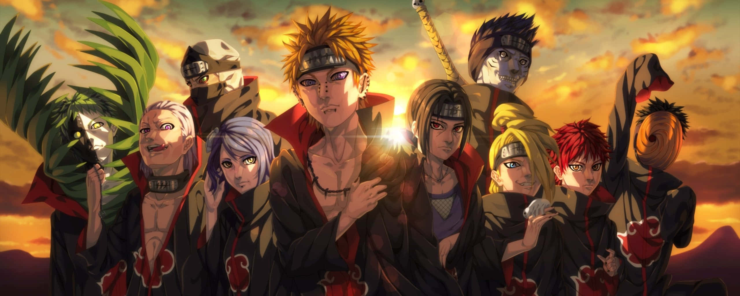 Naruto Group 桌布 壁紙 — 一群身穿紅雲斗篷的動漫忍者，在熾熱的夕陽天空下傲然挺立。