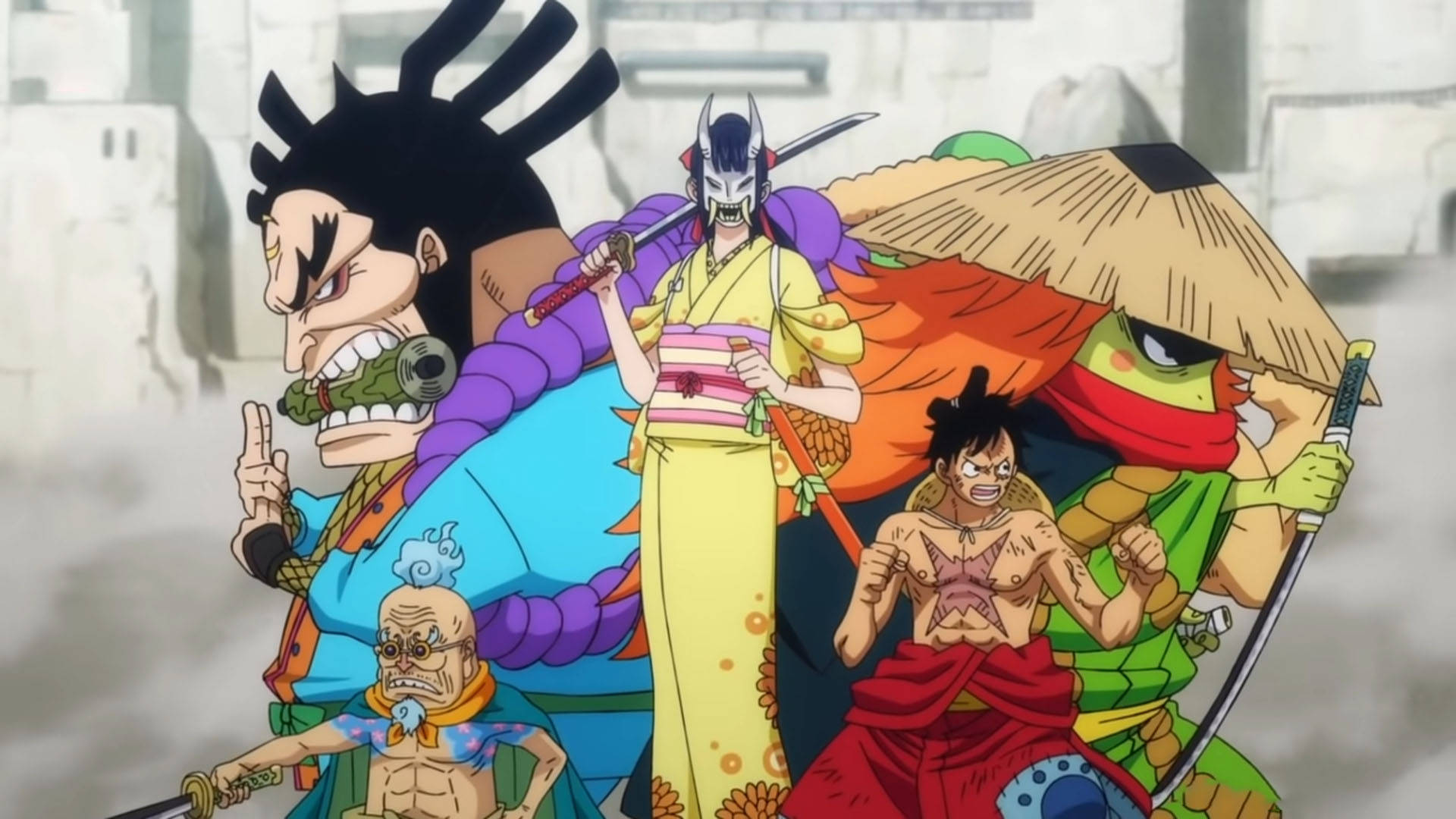 Wano 桌布 壁紙 — 一群身穿色彩繽紛傳統與戰鬥裝備的動漫戰士，在霧氣瀰漫的石頭背景下挑釁地站立。