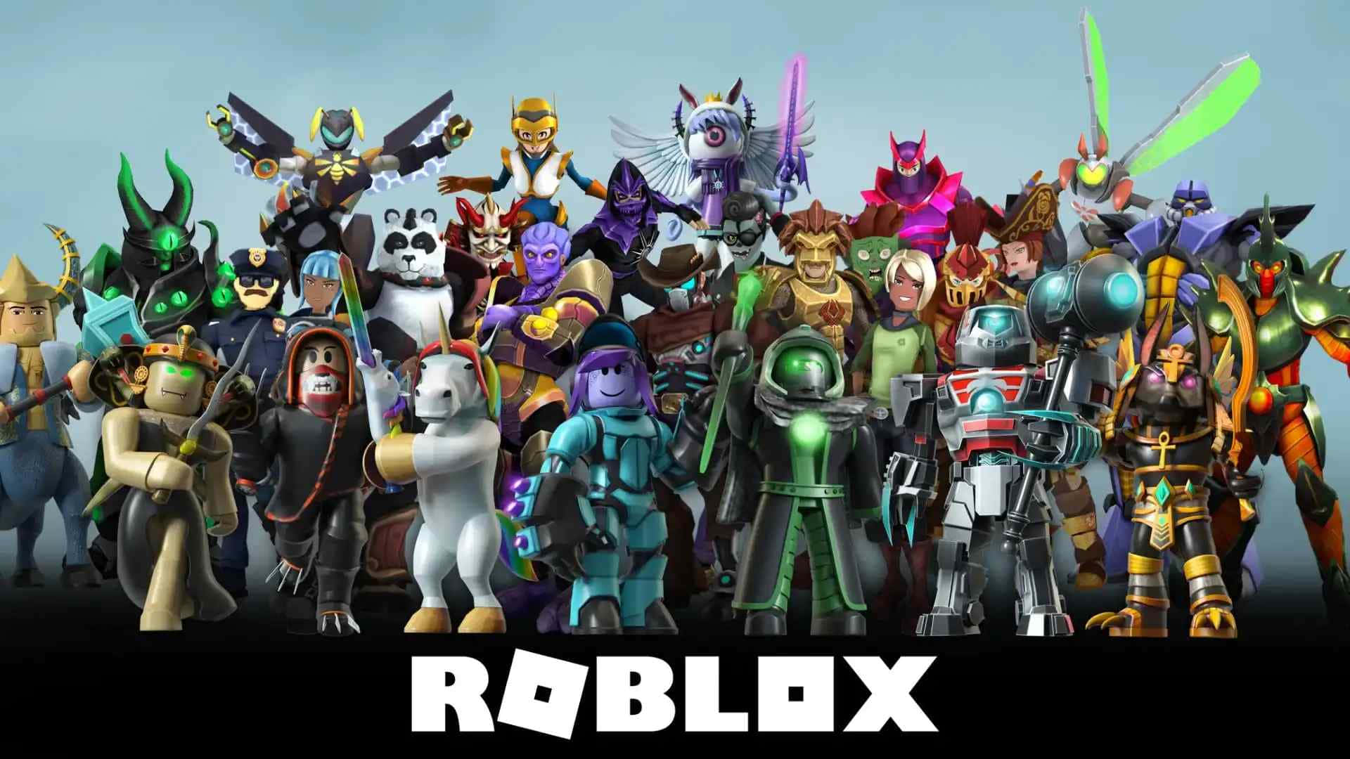 Roblox Avatar 桌布 壁紙 — 一群身穿色彩繽紛服裝的多樣化Roblox虛擬角色在純色背景前一起擺姿勢。