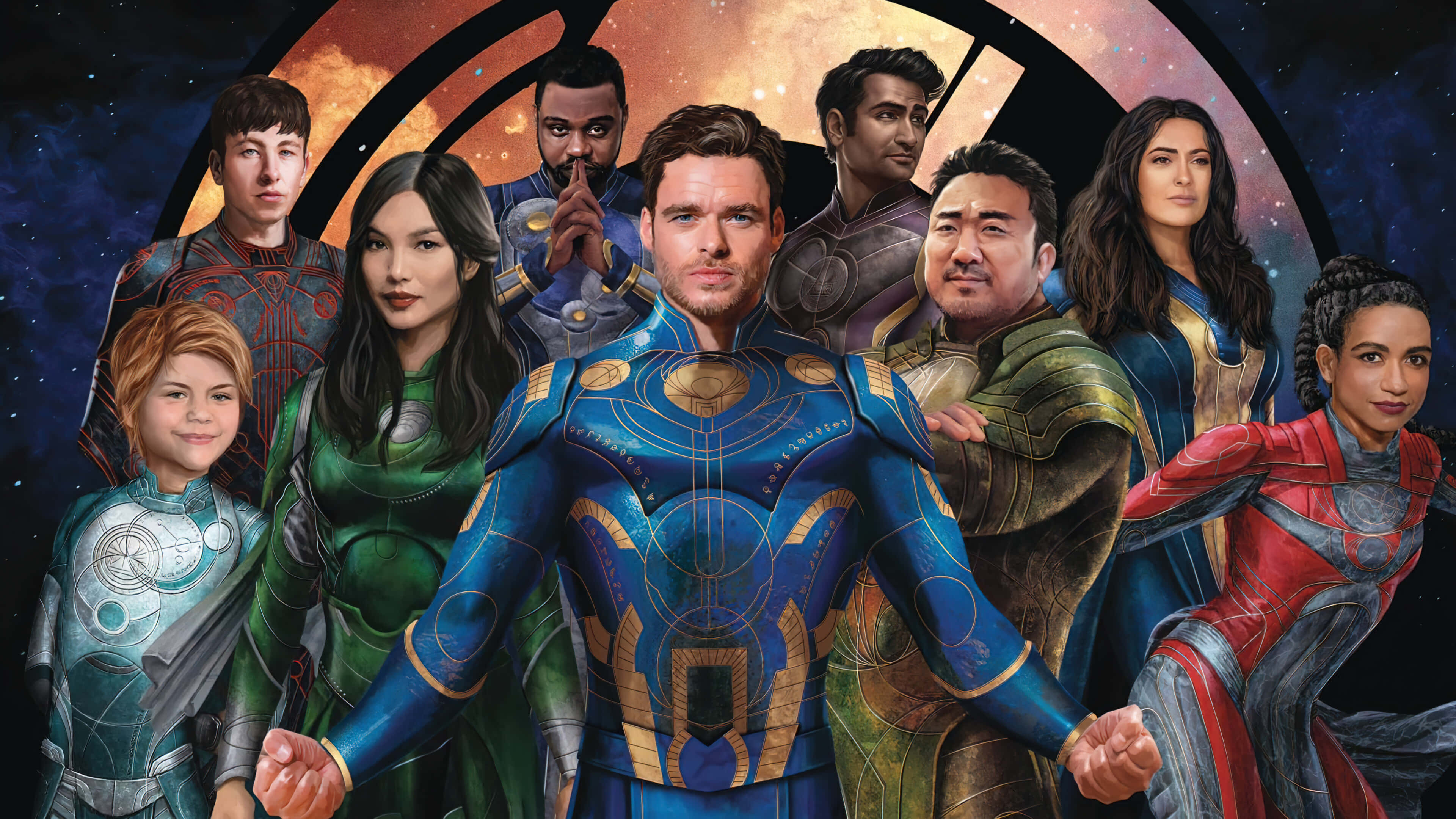 Eternals Movie 桌布 壁紙 — 一群身穿色彩繽紛未來風格服裝的多元超級英雄，自信地站在宇宙背景前，背景中有旋轉的星雲和星星。