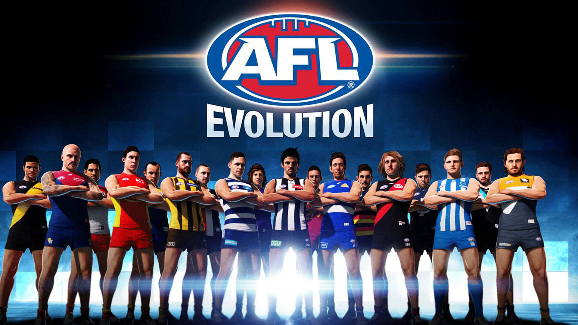 Afl 桌布 壁紙 — 一群身穿色彩繽紛球隊球衣的澳洲足球員，在閃亮的AFL Evolution標誌下自信地交叉雙臂站立。
