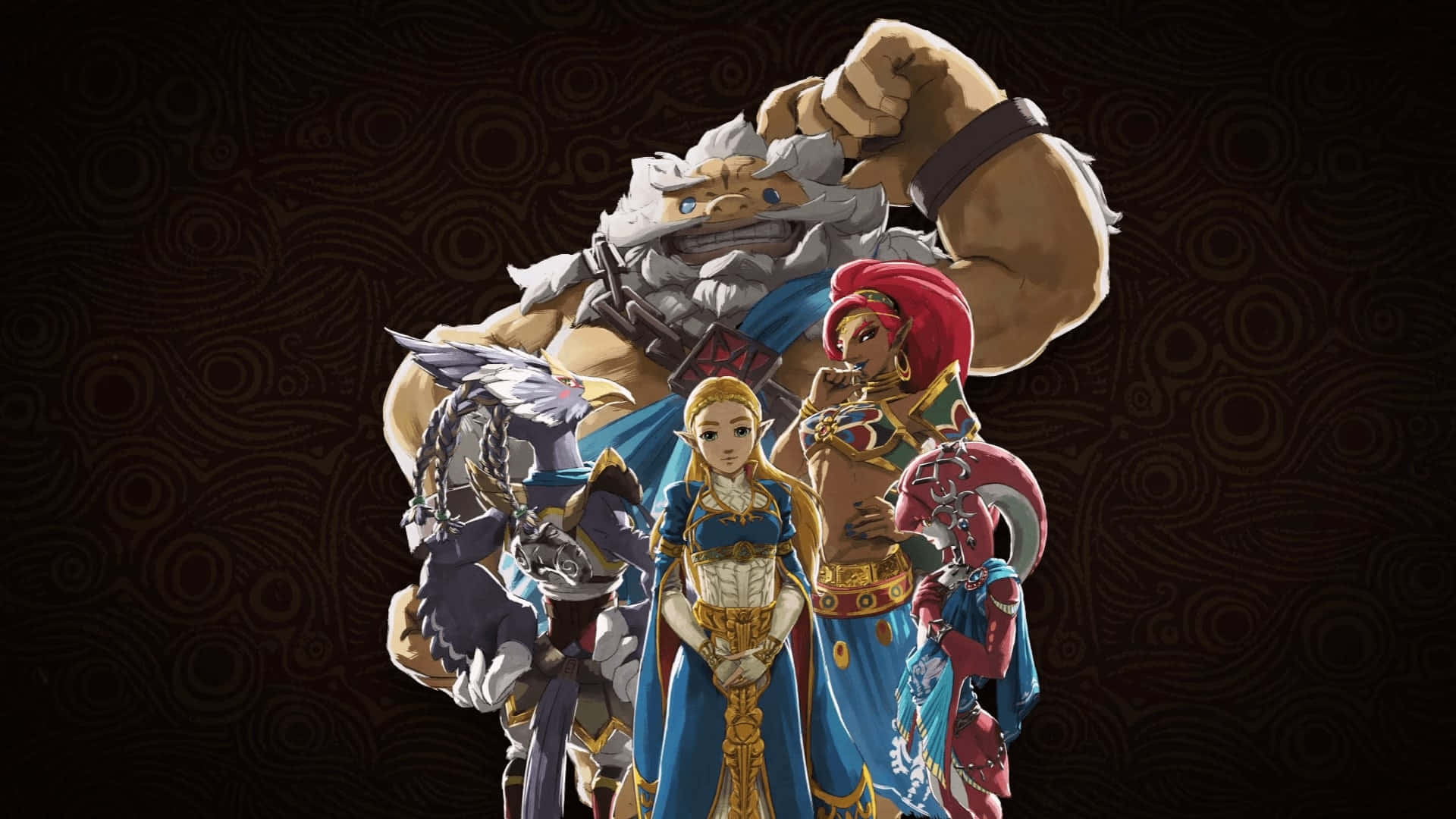 The Legend Of Zelda Mipha 桌布 壁紙 — 一群身穿華麗盔甲的奇幻冒險者，在深色圖案背景前英勇站立。