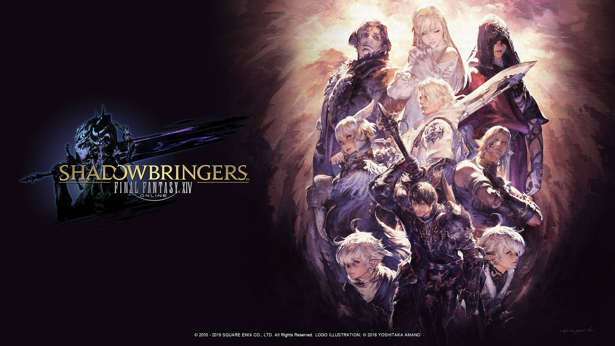 Ff14 桌布 壁紙 — 一群身穿華麗盔甲的奇幻戰士戲劇性地站在一起，背景發光，從後方溫暖的光線照亮。
