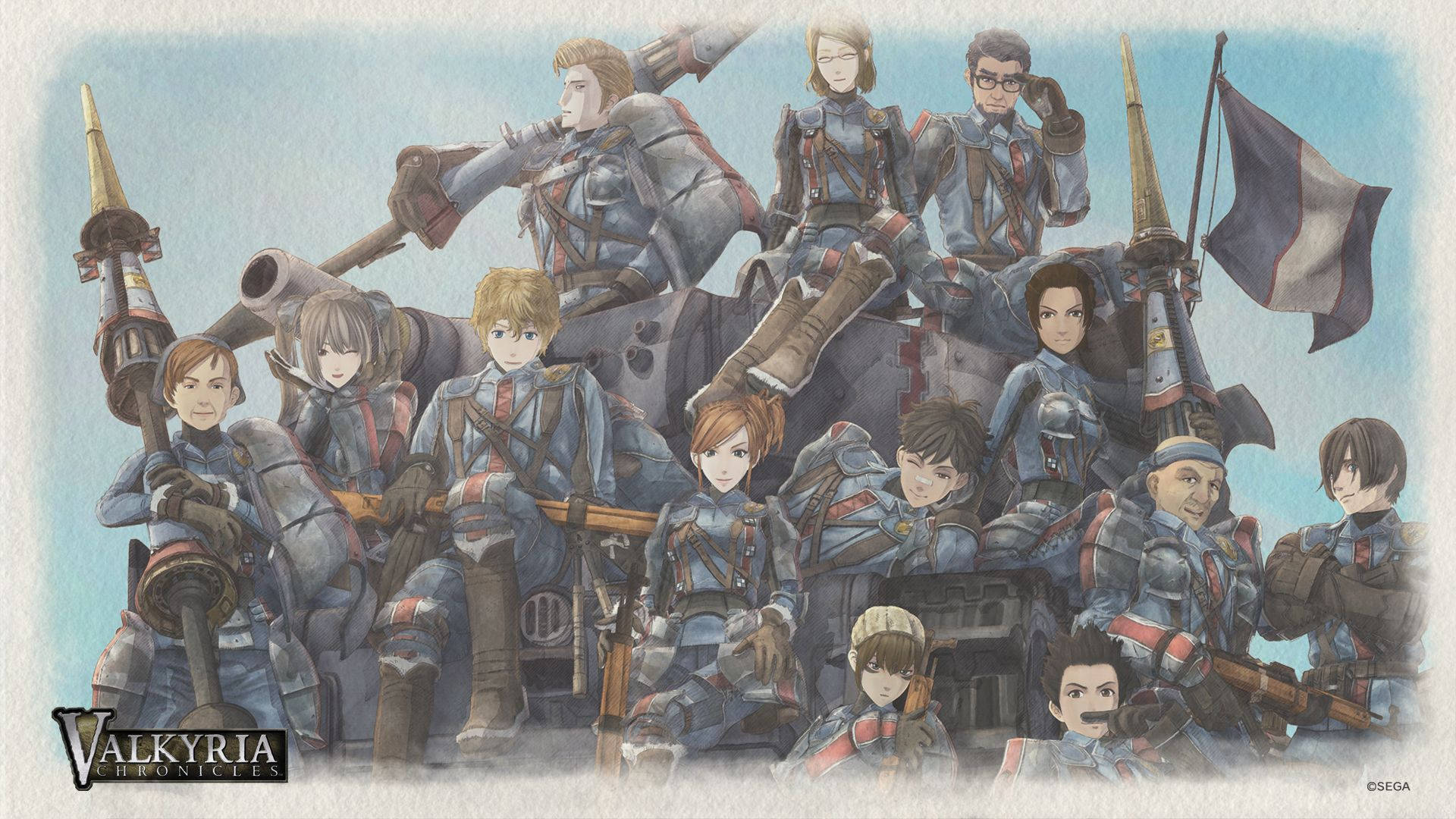 Valkyria Chronicles 桌布 壁紙 — 一群身穿藍色制服的動漫風格士兵在坦克上擺姿勢，手持旗幟，天空蒼白。