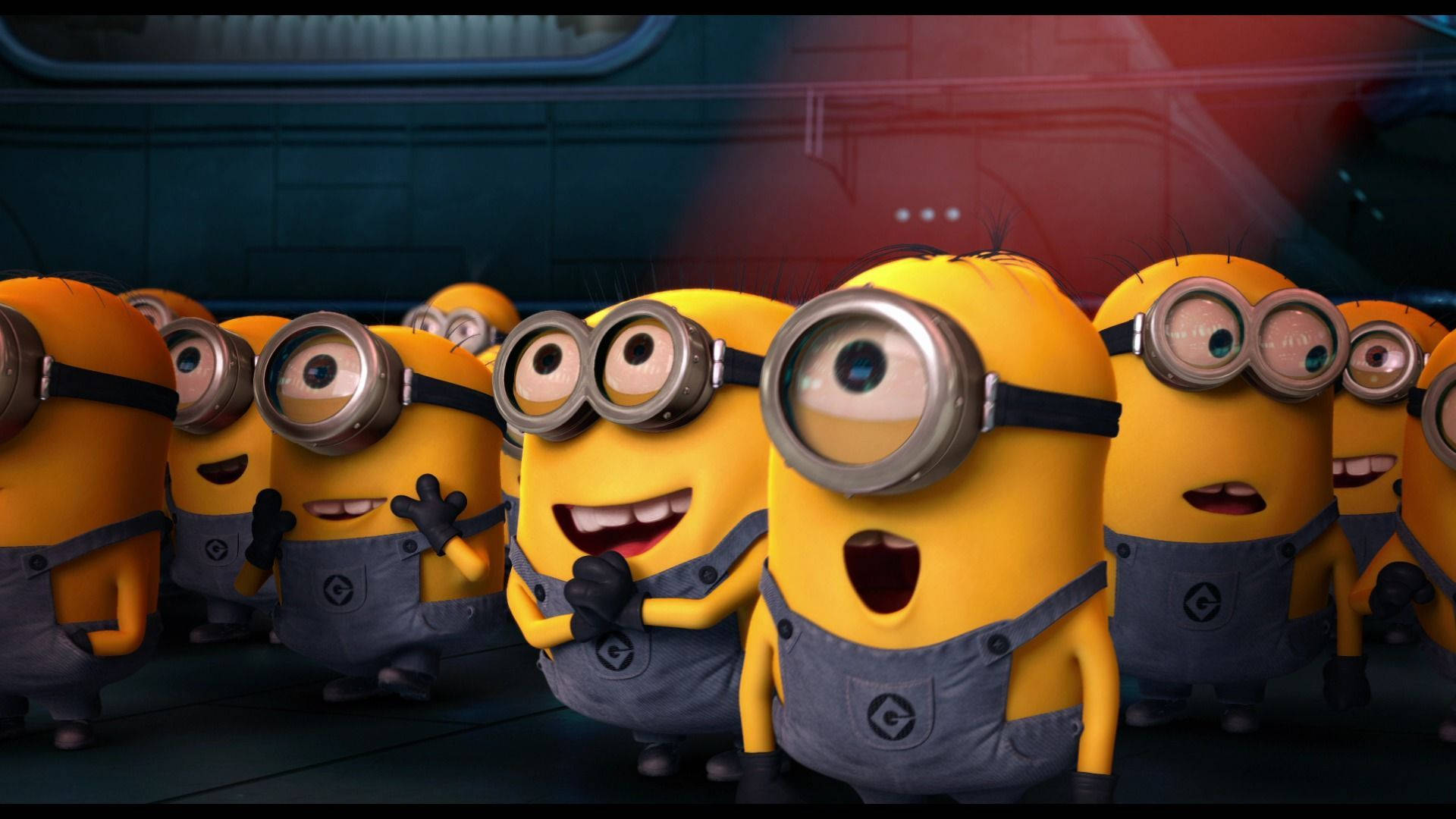 Despicable Me 2 桌布 壁紙 — 一群身穿藍色吊帶褲和護目鏡的黃色小小兵在未來風格的太空船內部愉快地擺姿勢。