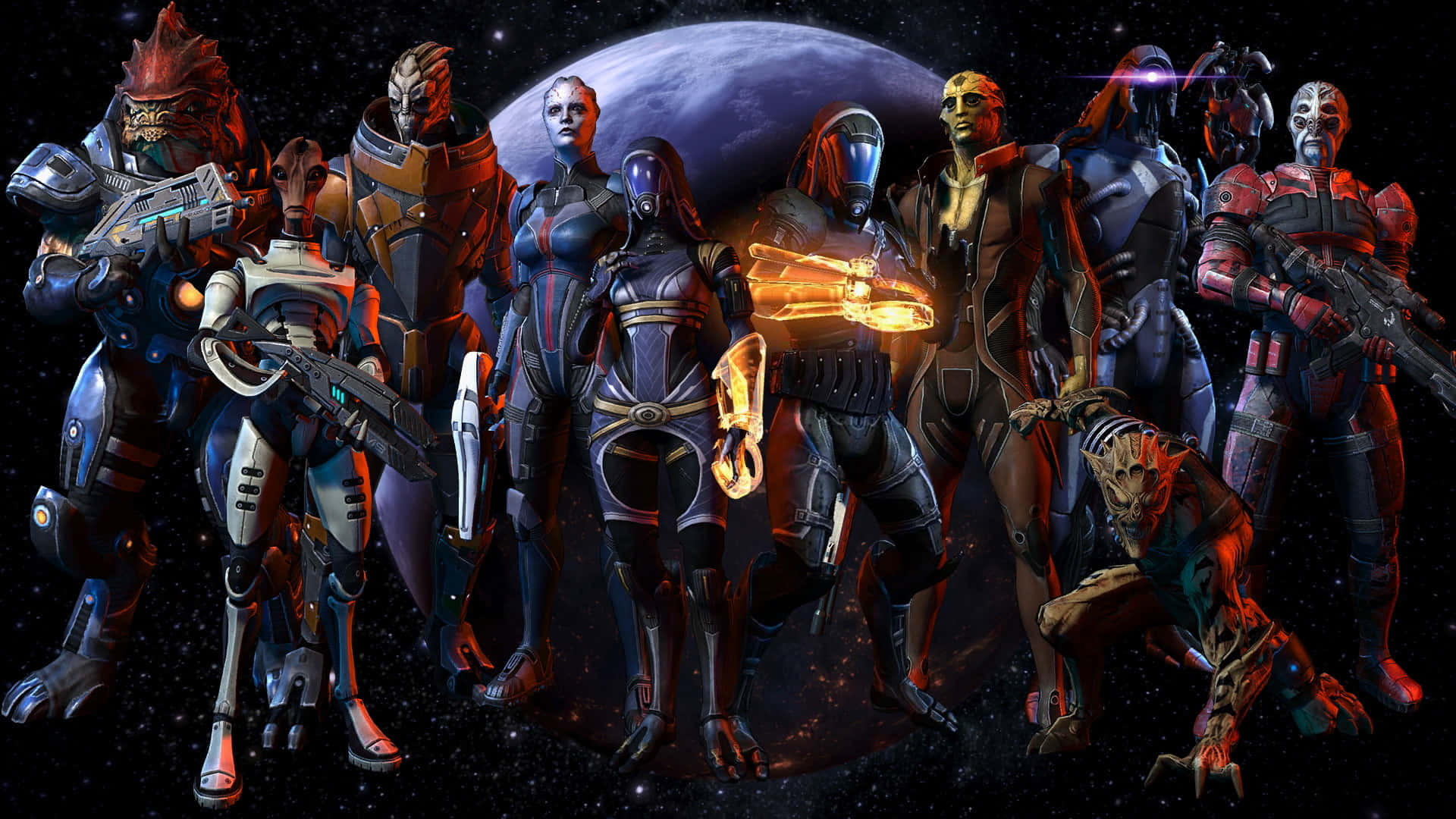 Mass Effect Characters 桌布 壁紙 — 一群身穿裝甲、手持武器的多元科幻角色，站在深空中一顆發光的行星前。