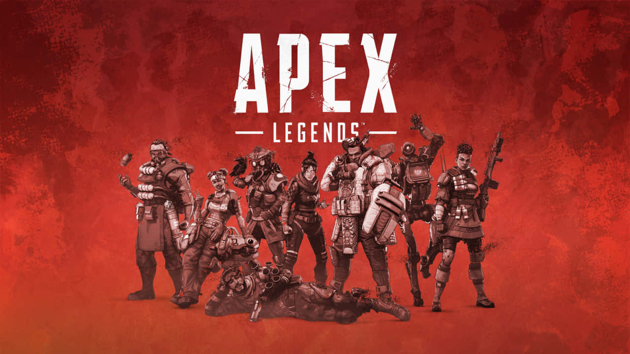 720p Apex Legends 桌布 壁紙 — 一群身穿裝甲的Apex Legends角色在帶有紋理的紅色背景前挑釁地站立，遊戲標題顯眼地展示。