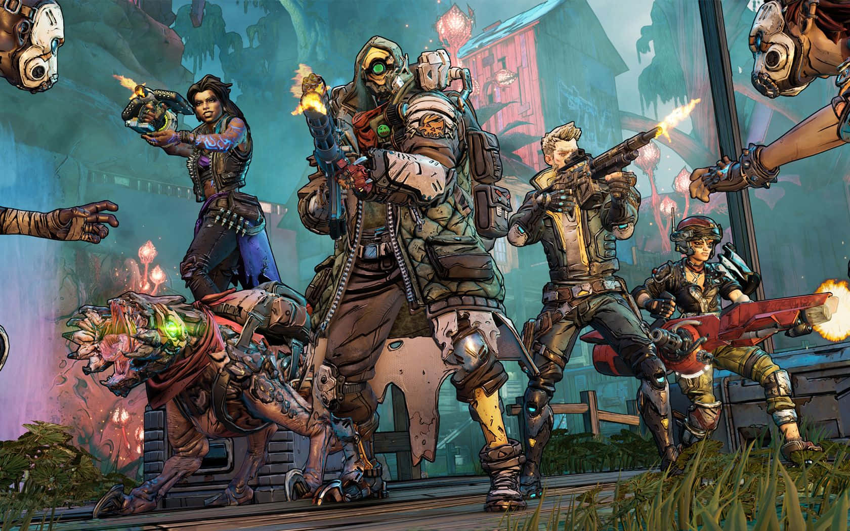 Borderlands 3 桌布 壁紙 — 一群身穿裝甲的傭兵在一個充滿活力的科幻小鎮中開火，小鎮有發光的植物和漂浮的頭顱。