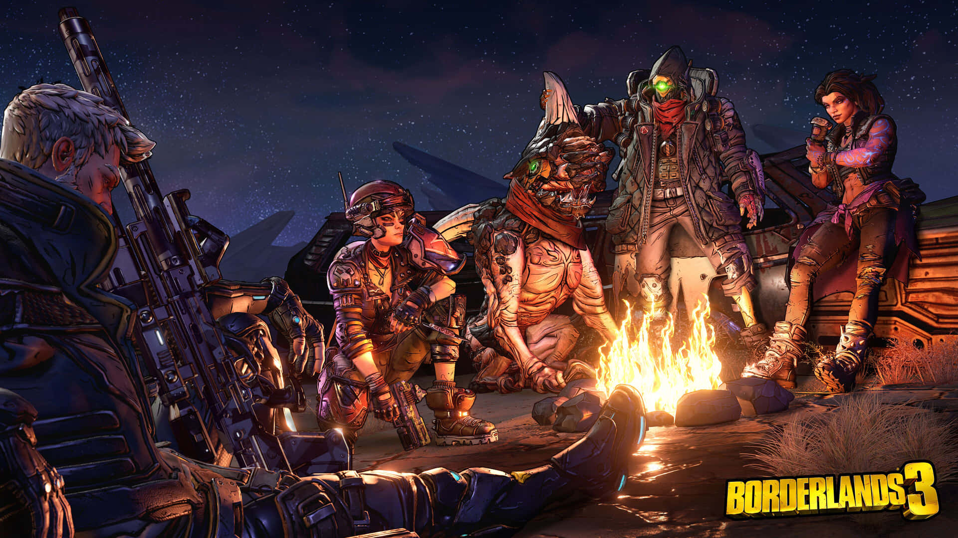 1080p Borderlands 3 桌布 壁紙 — 一群身穿裝甲的傭兵在沙漠荒地中，在星空下圍著營火聚集。