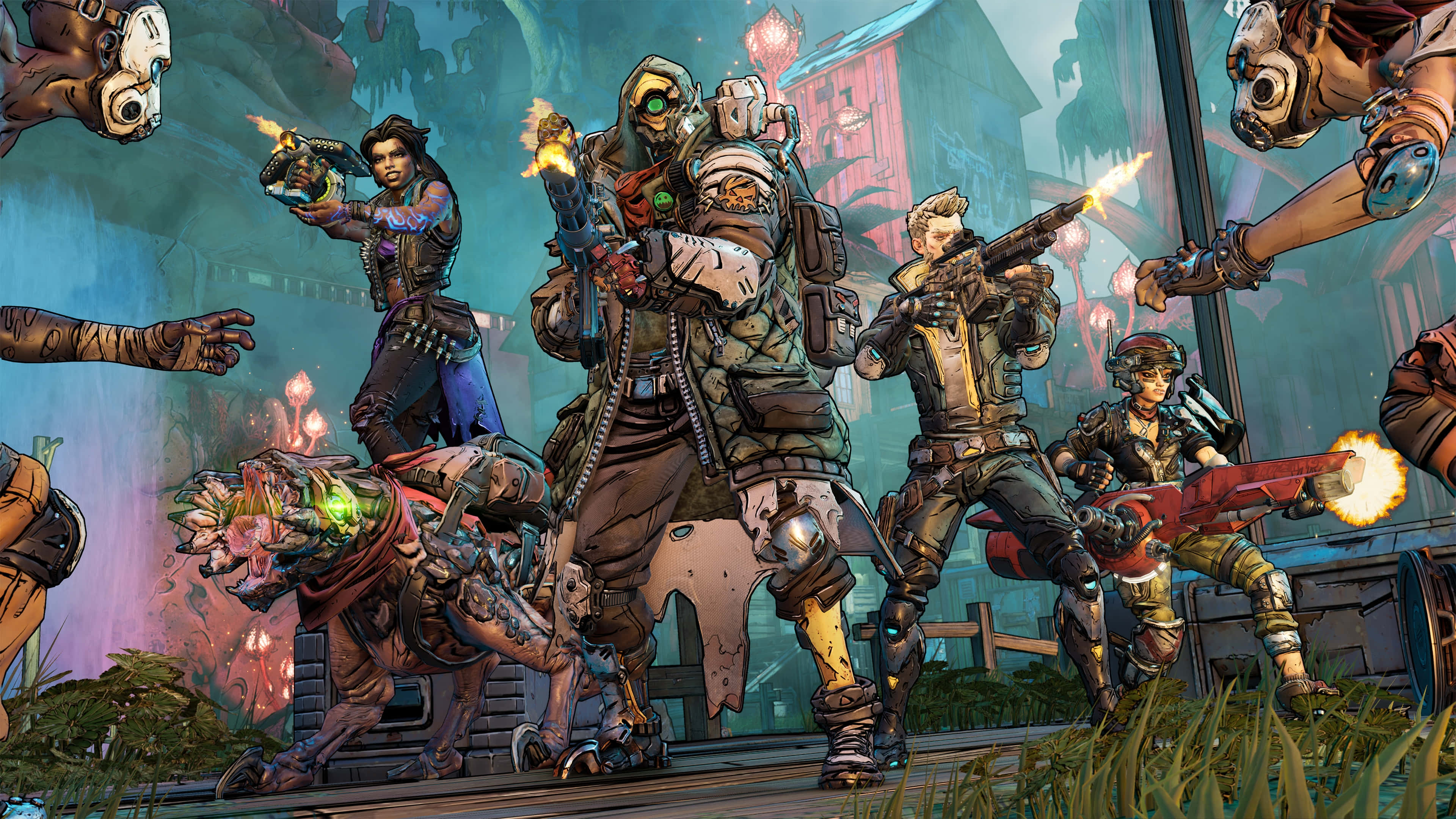 4K Borderlands 3 桌布 壁紙 — 一群身穿裝甲的動態角色在霓虹燈照亮、混亂的都市戰場上開火，兩側有發光效果和怪獸肢體伸出。