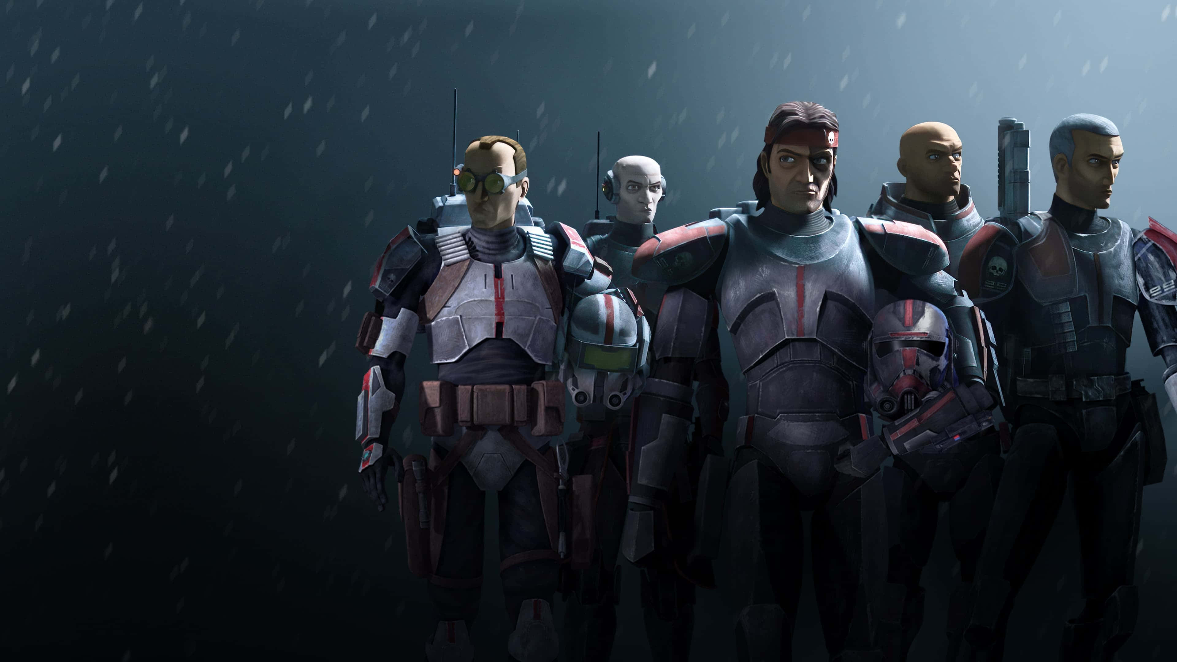Star Wars The Bad Batch 桌布 壁紙 — 一群身穿裝甲的太空士兵站在下雨的黑暗場景中，表情堅定。
