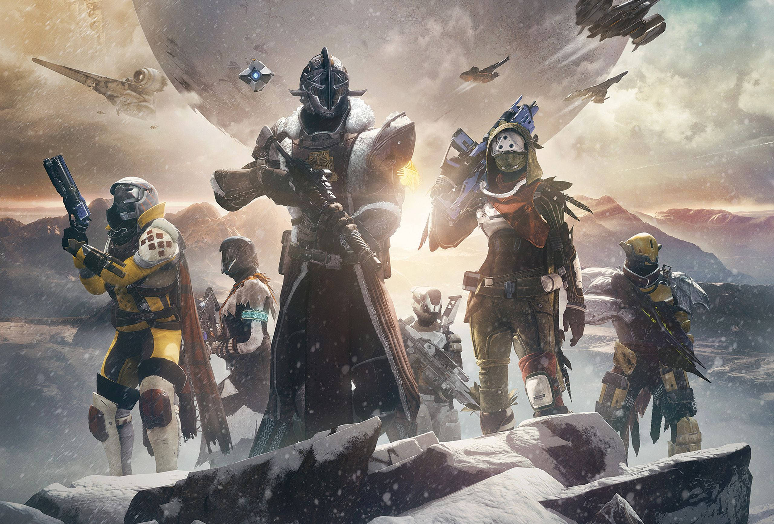 destiny 4K 桌布 壁紙 — 一群身穿裝甲的太空士兵站在積雪的山頂上，頭頂上有一顆巨大的行星，星際飛船在上空飛翔。