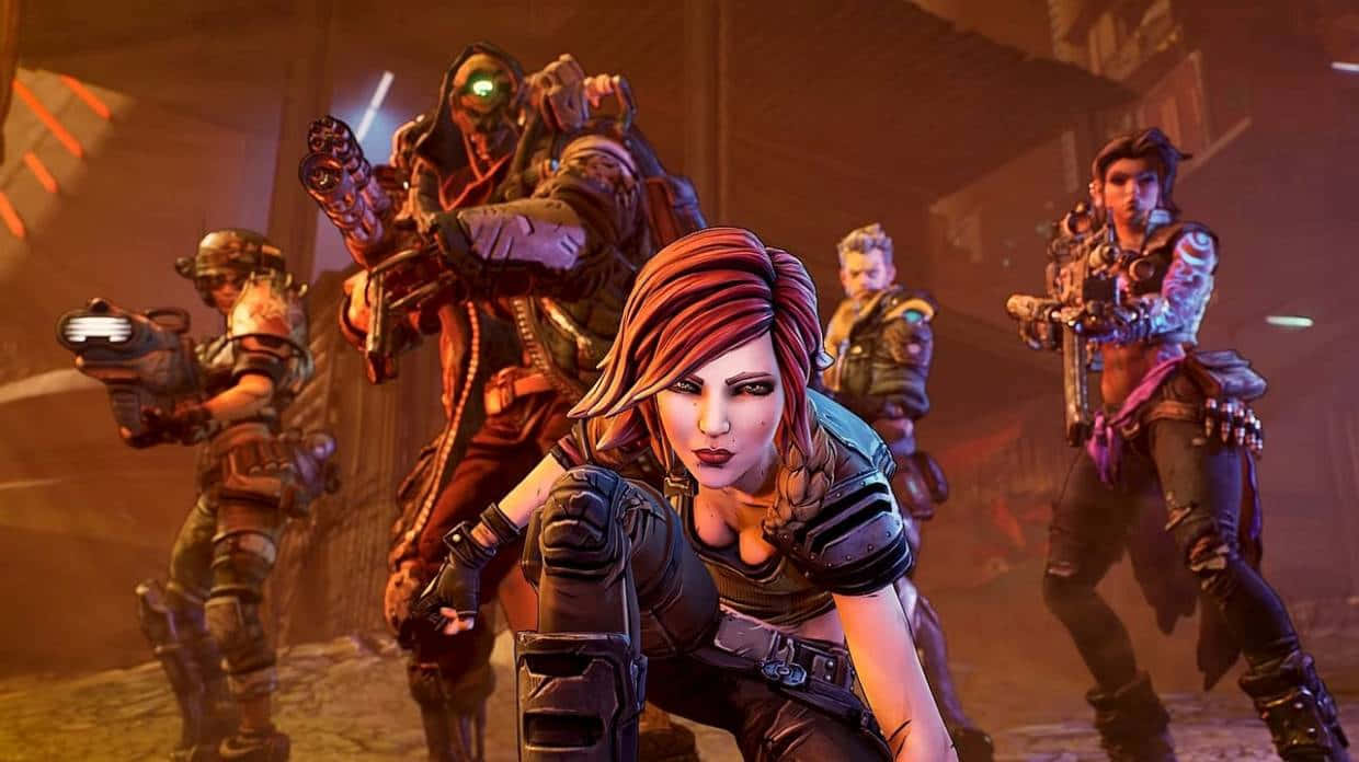 Borderlands Characters 桌布 壁紙 — 一群身穿裝甲的未來戰士，在霓虹燈照亮、 gritty 的城市戰場上，手持發光武器，表情激烈。