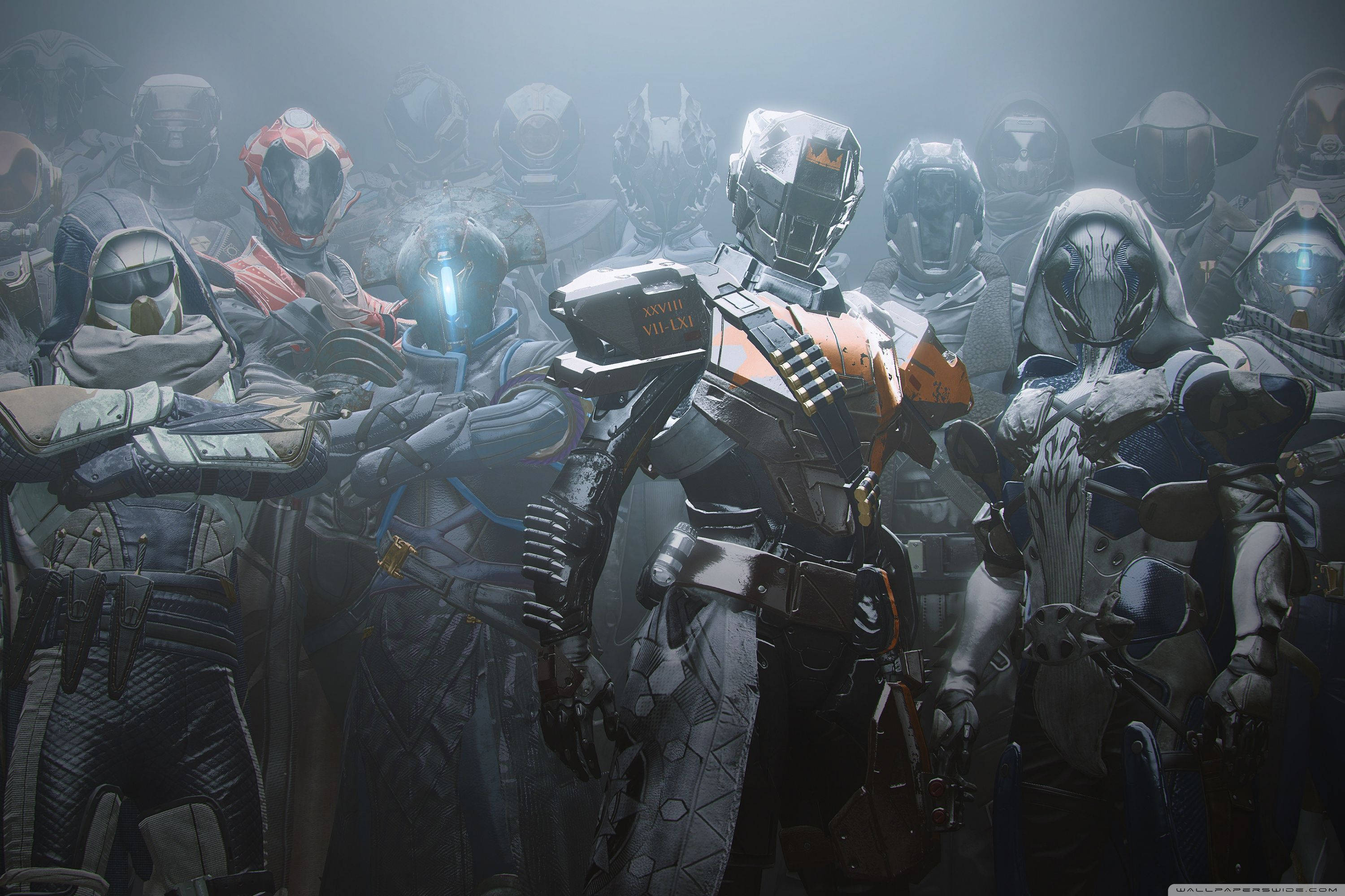 destiny 2 shadowkeep 桌布 壁紙 — 一群身穿裝甲的未來戰士，身處迷霧籠罩、光線昏暗的環境中，頭盔上帶有發光的藍色裝飾。