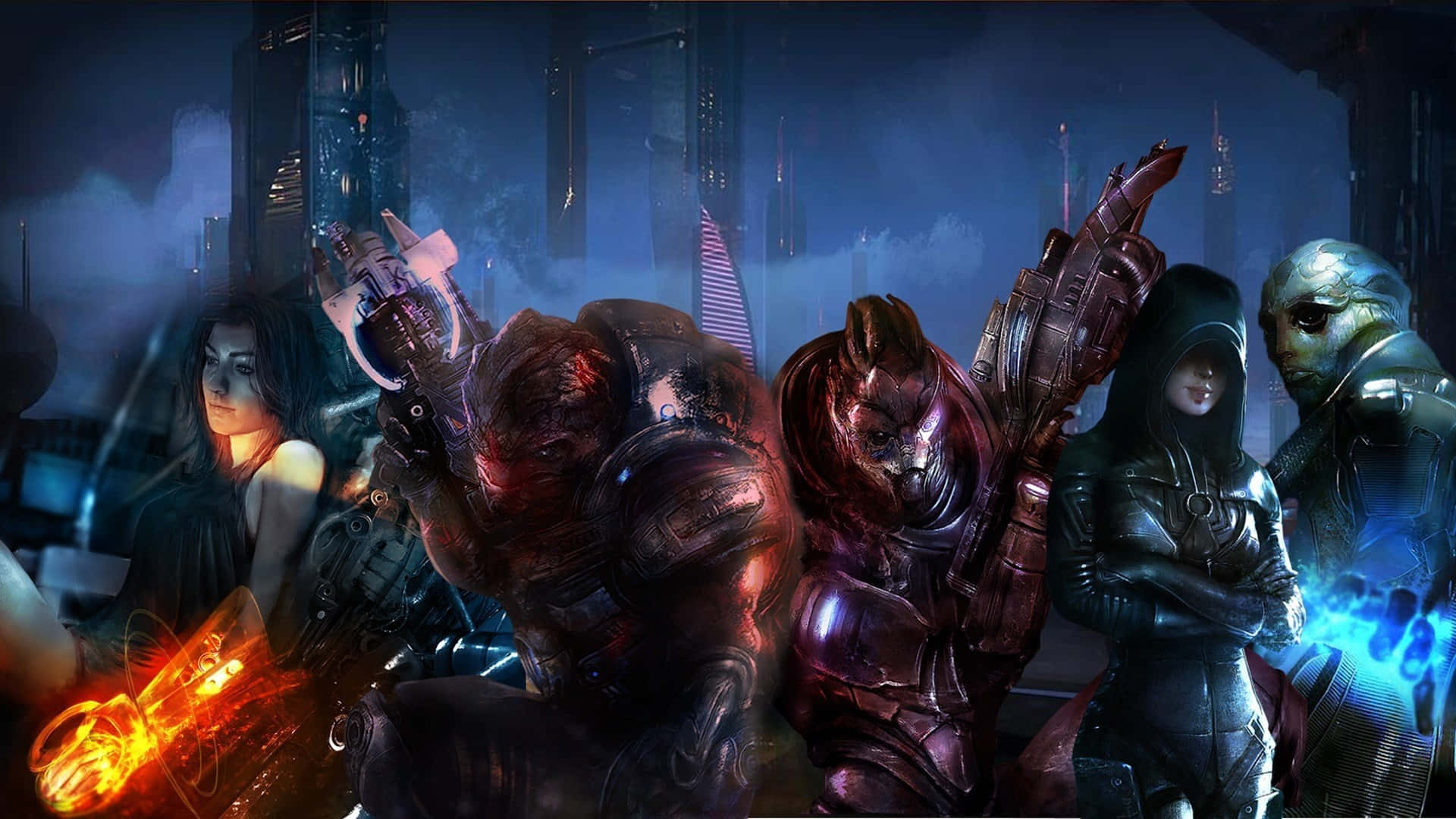 Mass Effect Multiplayer 桌布 壁紙 — 一群身穿裝甲的未來戰士和外星人站在夜晚霓虹燈閃爍的賽博龐克城市景觀中。
