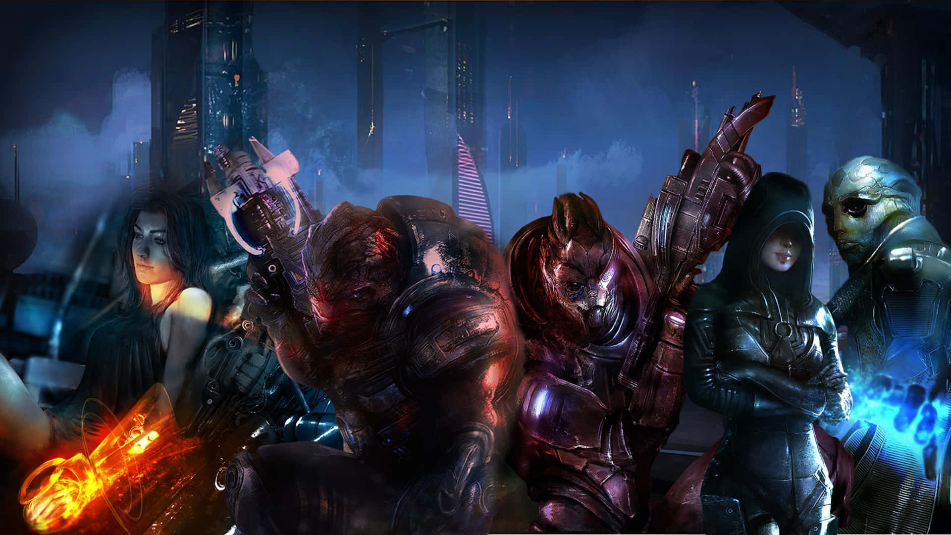 Mass Effect Characters 桌布 壁紙 — 一群身穿裝甲的未來戰士和外星人站在夜晚霓虹燈閃爍的賽博龐克城市景觀中。