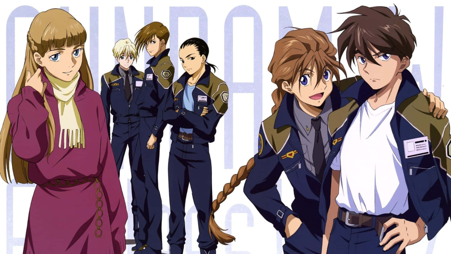 Duo Maxwell 桌布 壁紙 — 一群身穿軍裝的動漫角色自信地擺姿勢，背景是帶有 'GUNDAM' 大字樣。