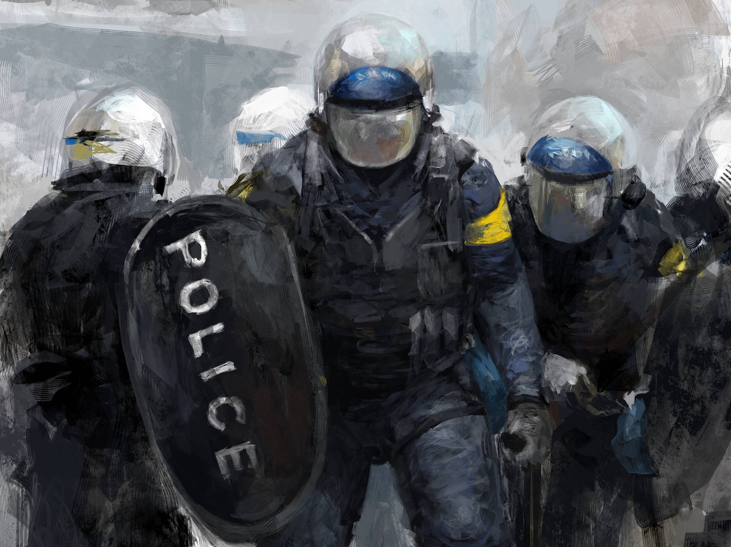 警察 桌布 壁紙 — 一群身穿防暴裝備的警察在灰色天空下排成隊形，手持盾牌。