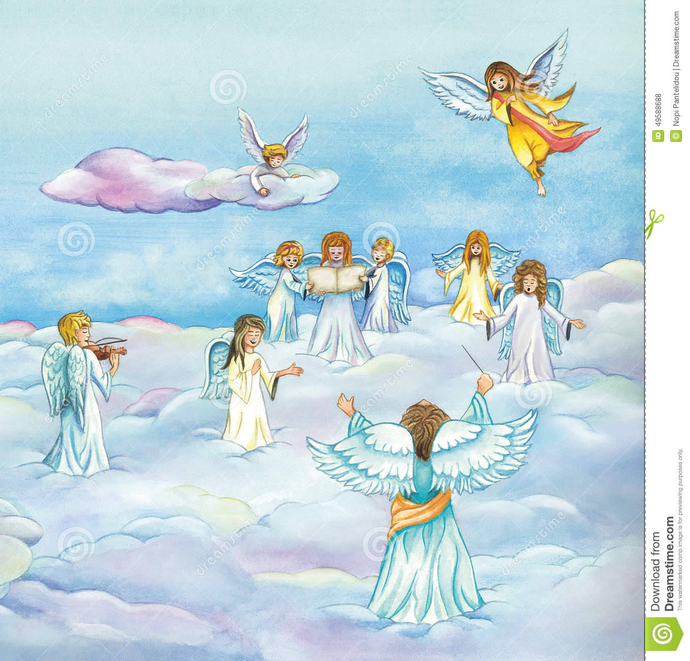 Heavenly Angels 桌布 壁紙 — 一群身穿飄逸長袍的天使在柔和粉彩雲朵上演奏音樂和歌唱，天空寧靜祥和。