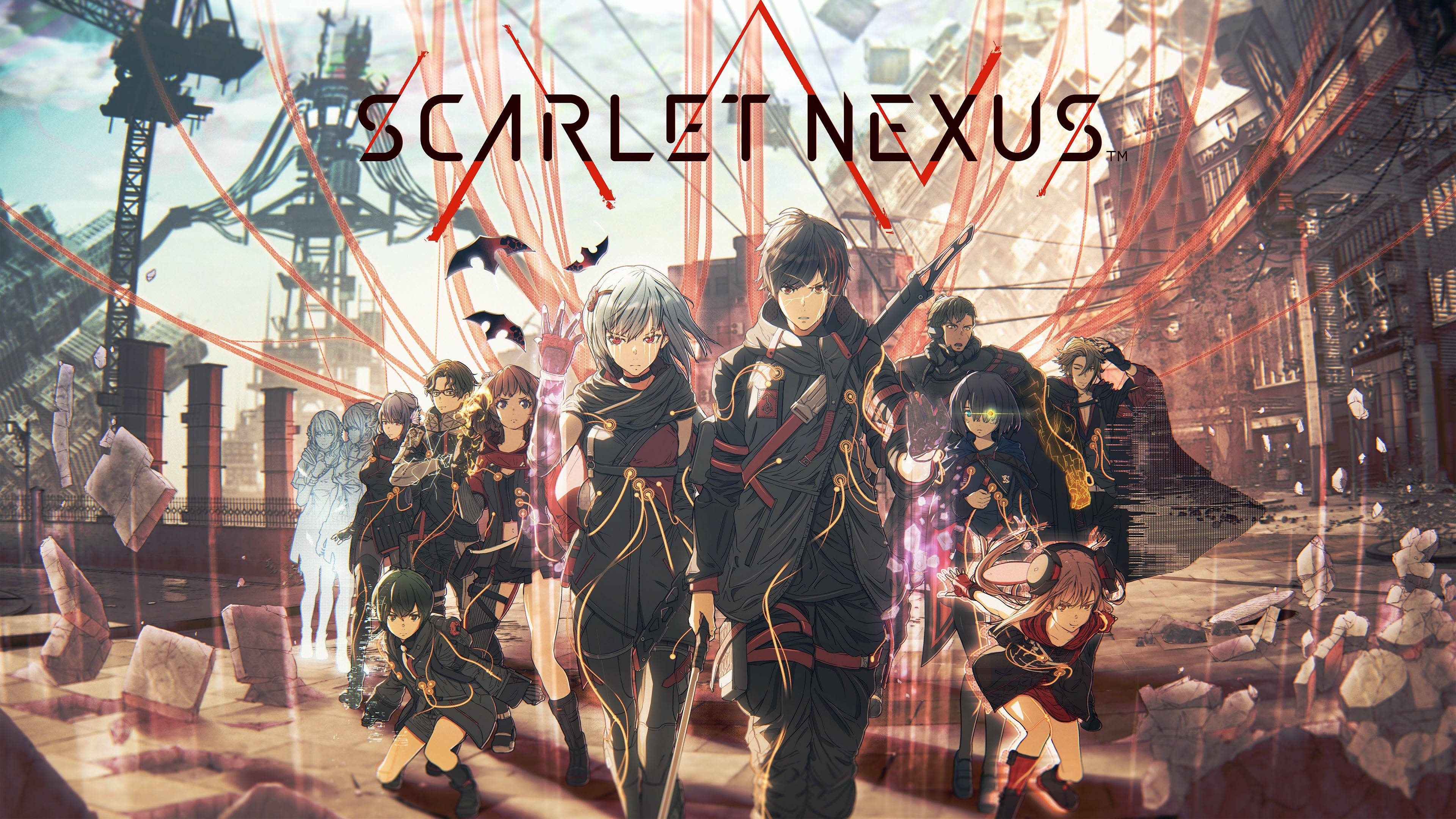 Nexus 桌布 壁紙 — 一群身穿黑色制服的動漫角色站在一個有紅色能量線和漂浮碎片的廢墟城市景觀中。