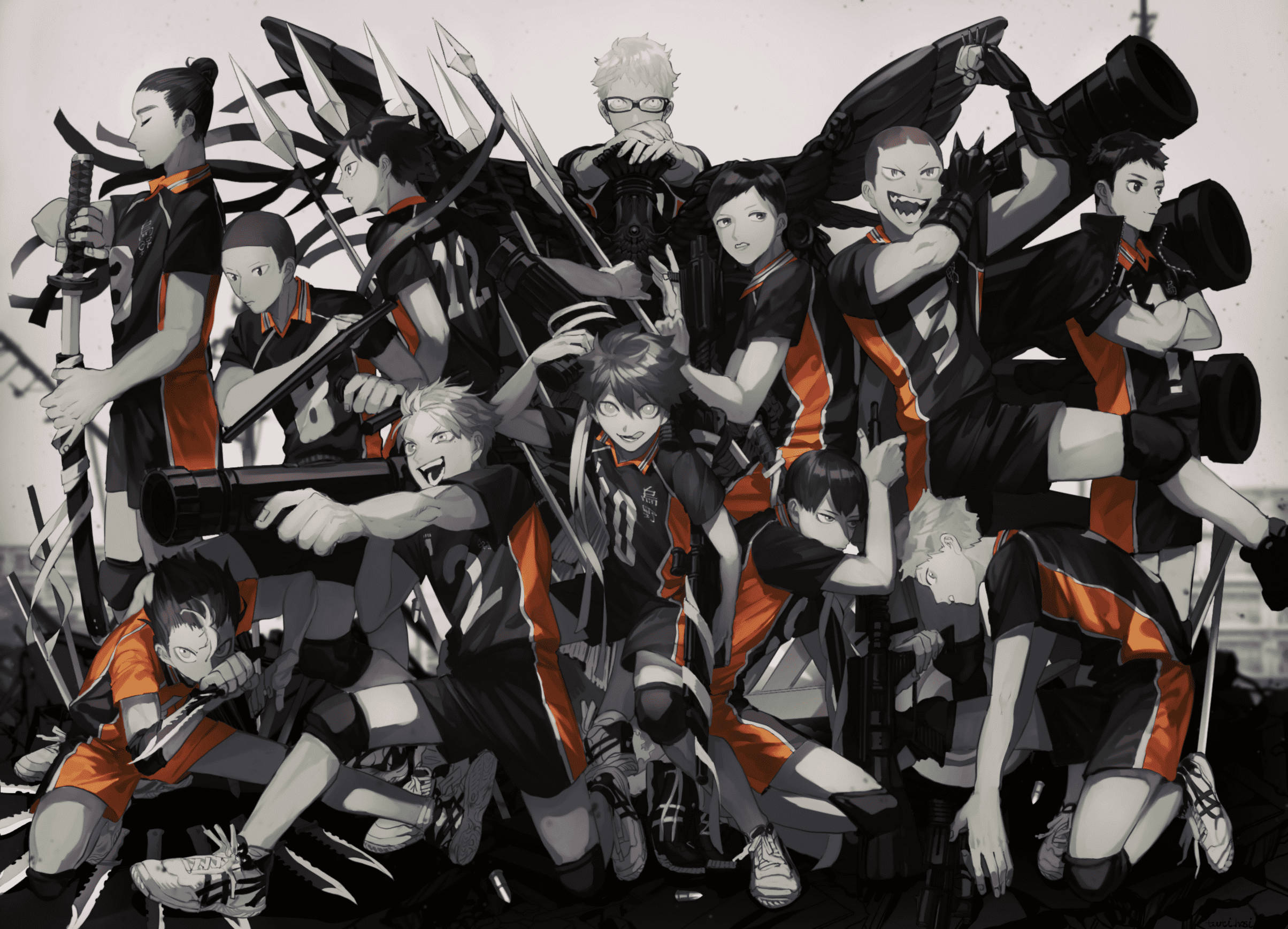 Teams 桌布 壁紙 — 一群身穿黑色和橙色制服、充滿動感的動漫排球運動員，手持超大相機鏡頭，擺出強烈的姿勢。