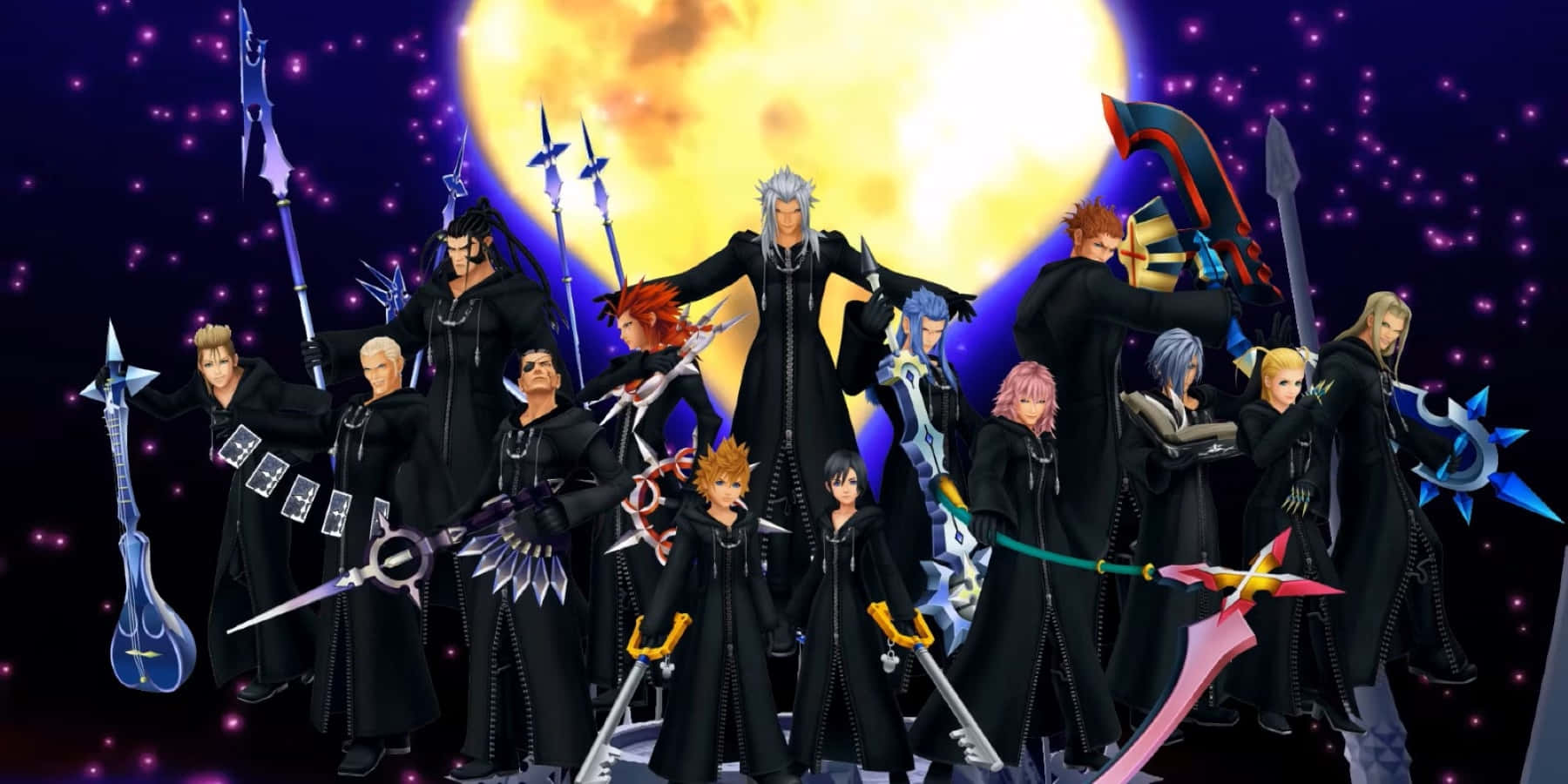 Kingdom Hearts Organization 13 桌布 壁紙 — 一群身穿黑色外套的動漫角色，在發光的黃色月亮和紫色星空下英勇站立。