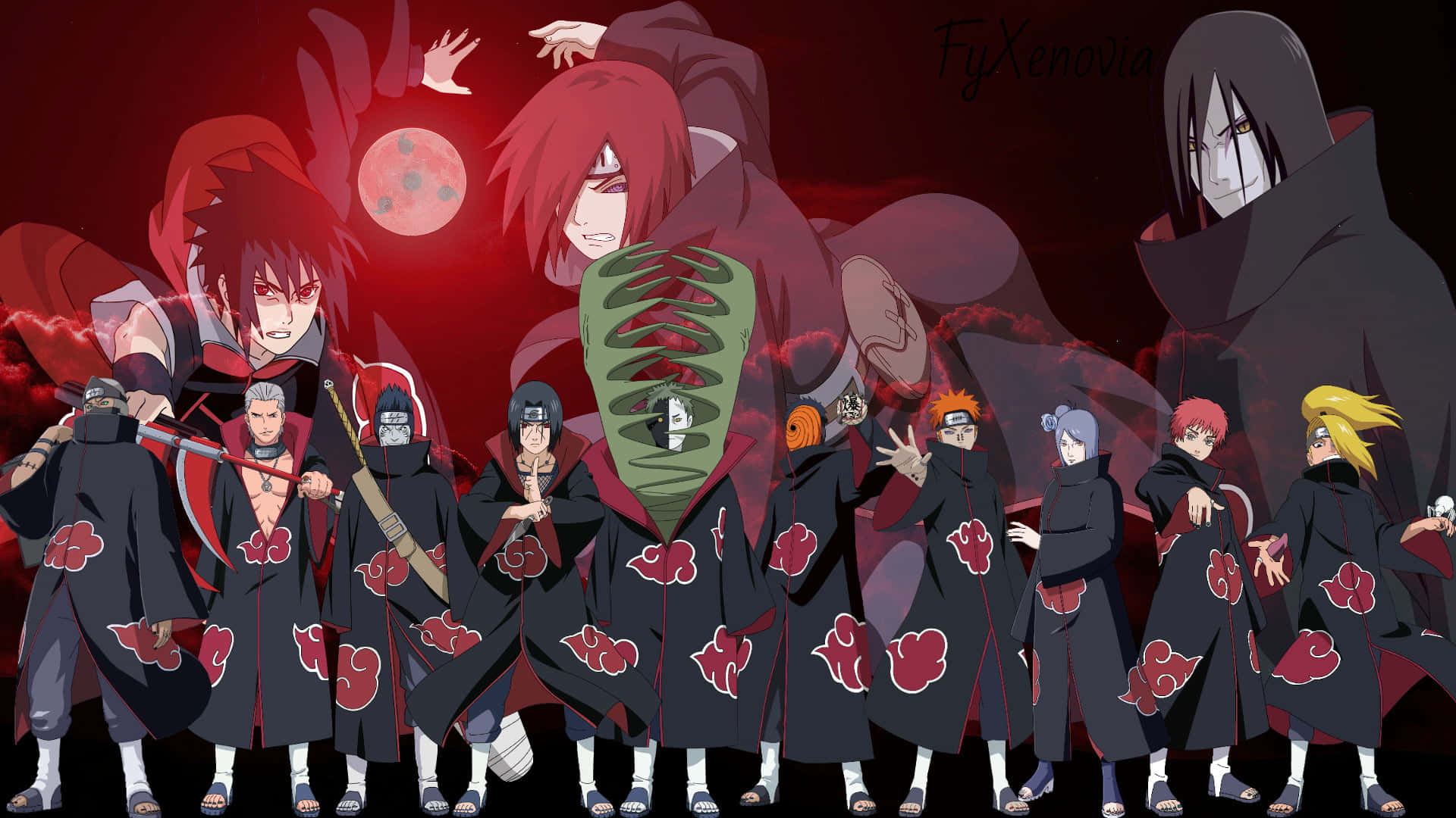 Akatsuki Members 桌布 壁紙 — 一群身穿黑色斗篷、帶有紅色雲紋的動漫角色，站在有滿月的深紅色背景前。