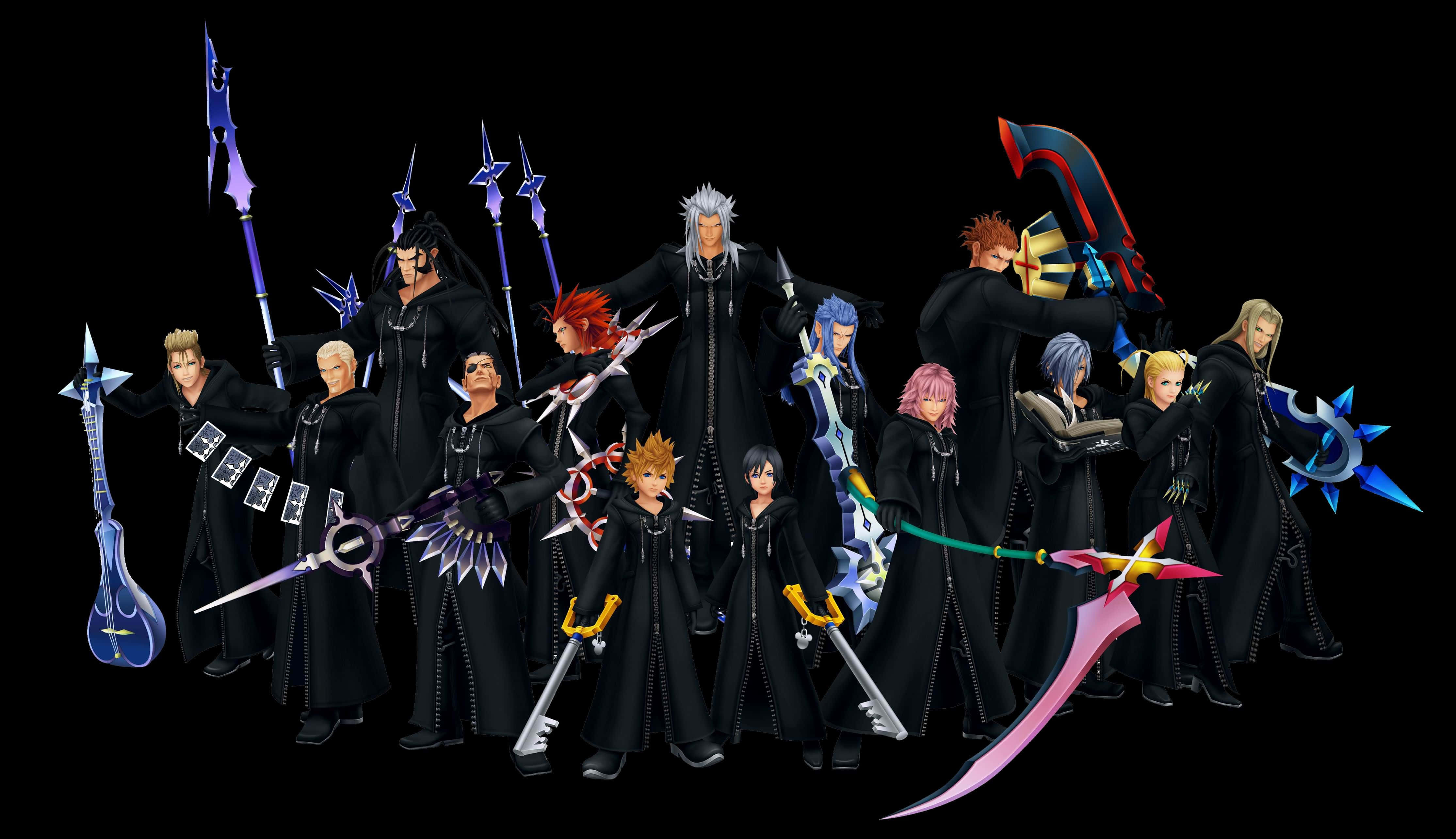 Kingdom Hearts Organization 13 桌布 壁紙 — 一群身穿黑色斗篷的動畫角色在黑暗背景中揮舞著發光的鑰匙形武器。